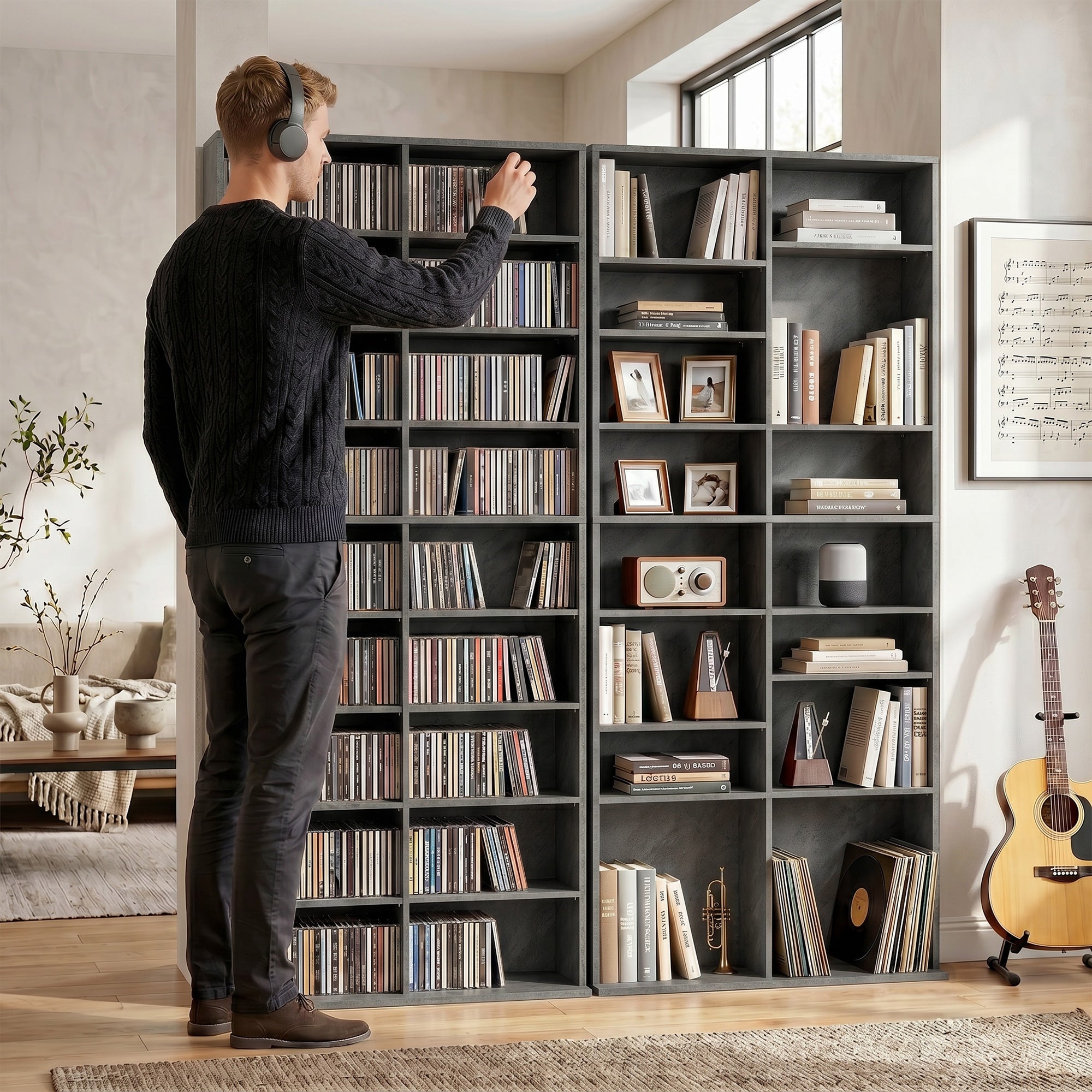 Rangements pour CD et DVD, meuble de rangement multimédia, capacité max. 640 CD/360 DVD et 430 Blu-ray, 18 compartiments 14 étagères réglables, pour salon, chambre, 78,5x24x175cm, gris clair