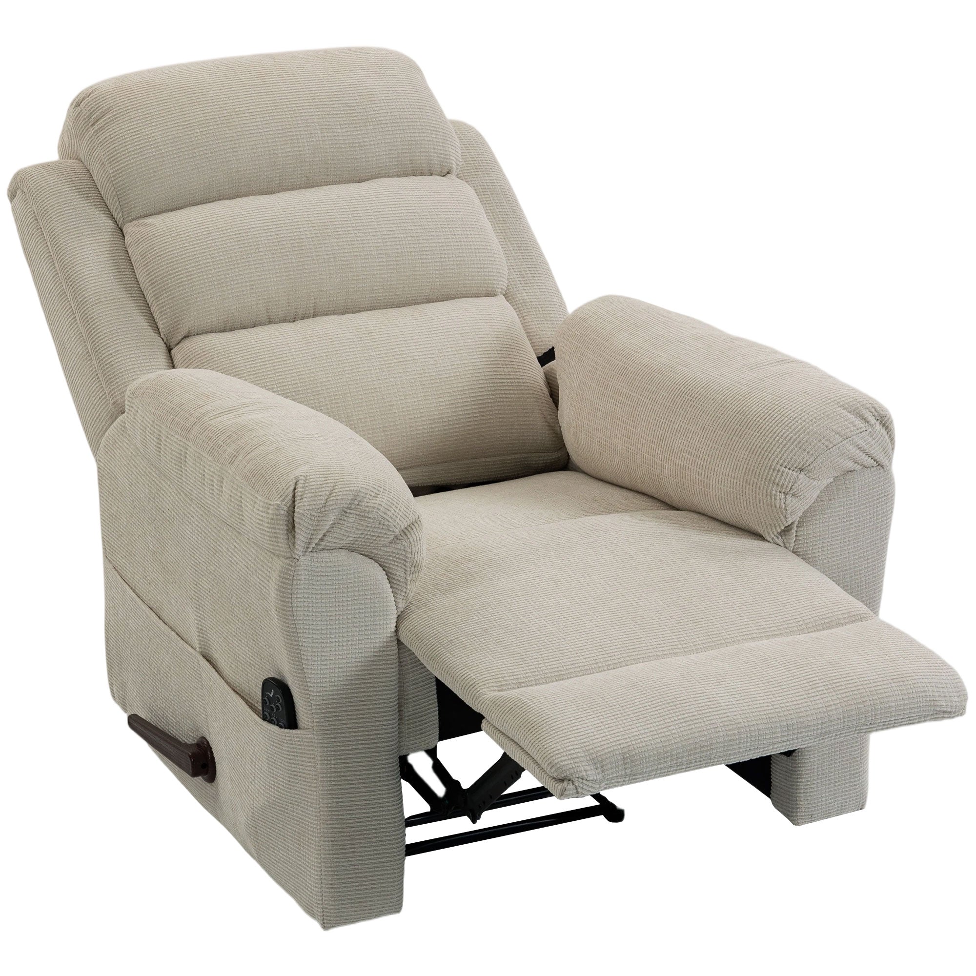 Fauteuil Inclinable de Massage et Chauffage, Fauteuil de Relaxation en Chenille, Appuie-tête Réglable 4 Poches Latérales Assise à Ressorts Repose-Pied, Montage Facile, pour Salon Chambre, Crème