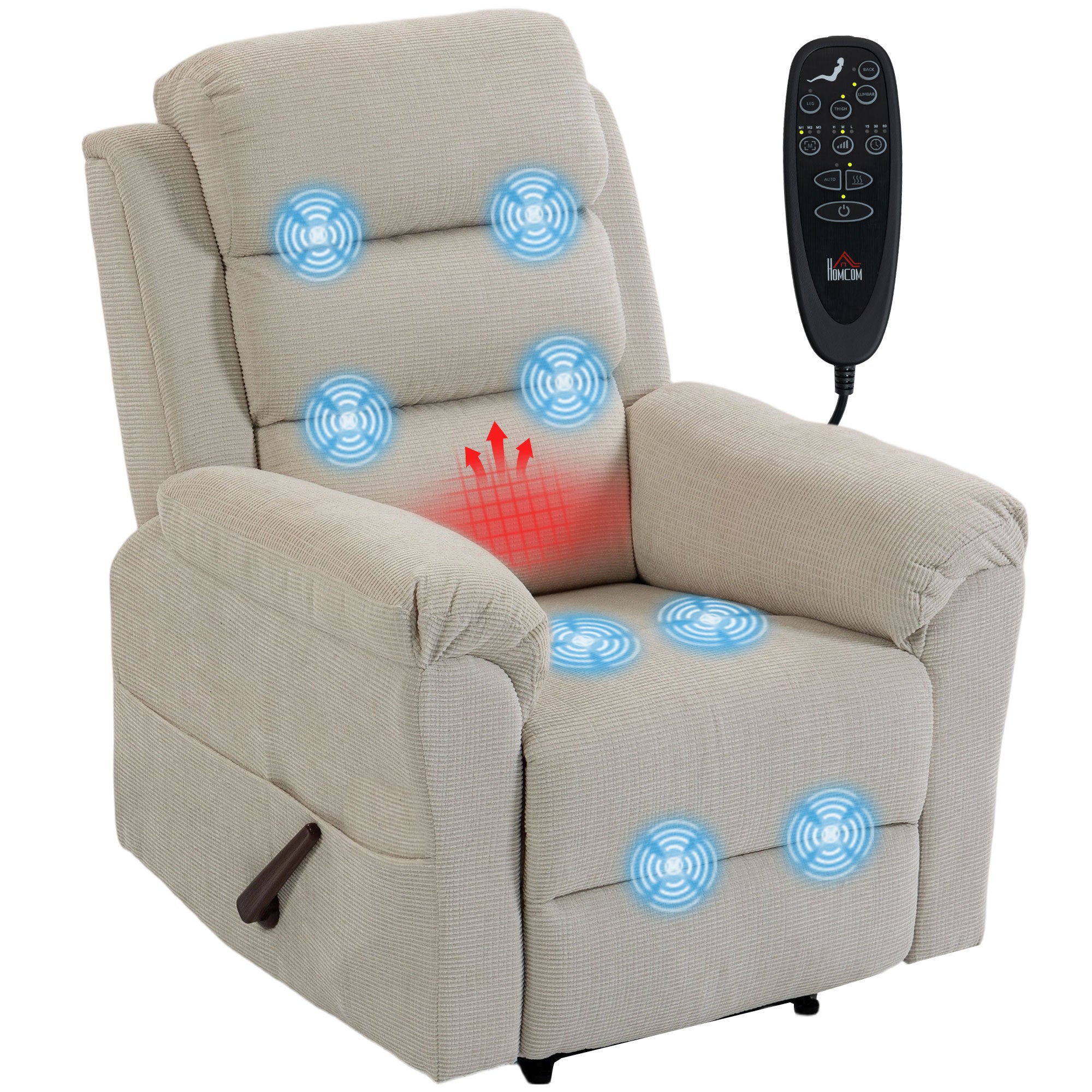 Fauteuil Inclinable de Massage et Chauffage, Fauteuil de Relaxation en Chenille, Appuie-tête Réglable 4 Poches Latérales Assise à Ressorts Repose-Pied, Montage Facile, pour Salon Chambre, Crème