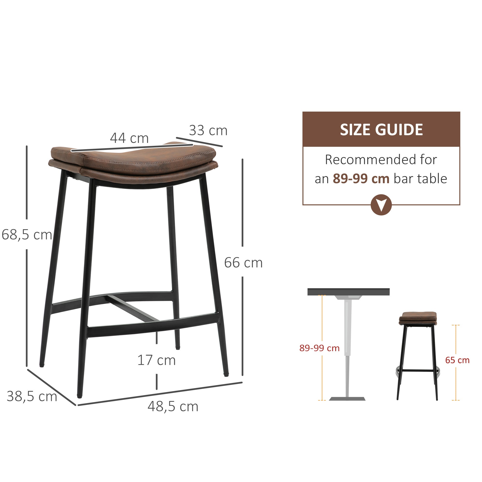 Lot de 2 tabourets de bar chaises hautes avec repose-pieds acier - style industriel - assise incurvée - 48,5 x 38,5 x 68,5 cm marron noir