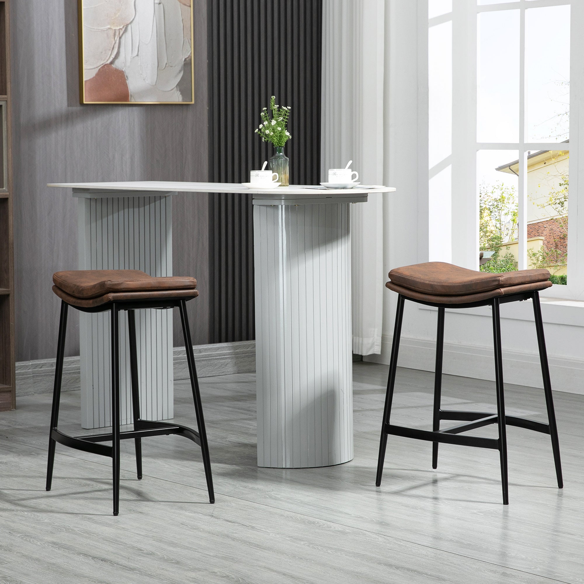 Lot de 2 tabourets de bar chaises hautes avec repose-pieds acier - style industriel - assise incurvée - 48,5 x 38,5 x 68,5 cm marron noir