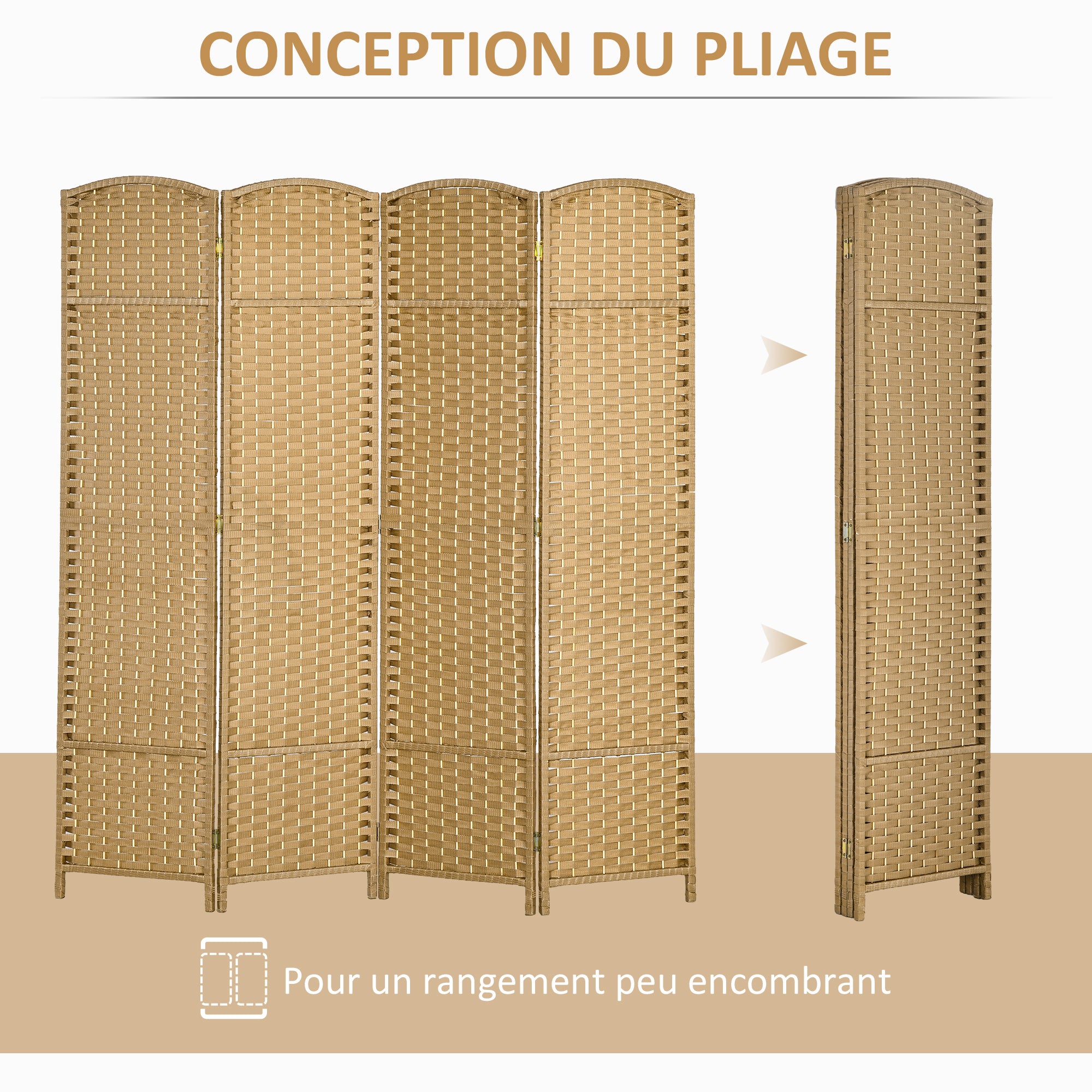 Paravent interieur en bois 4 panneaux 160 x 170 cm séparateur de pièce pliable avec finition tissée, closion de séparation pour salon, chambre à coucher, maison, bois naturel