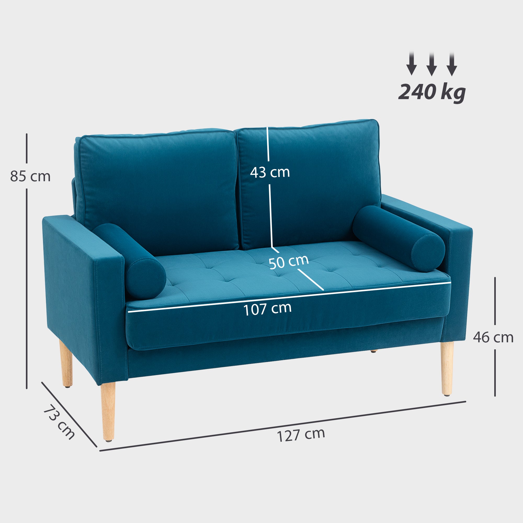 Canapé 2 places canapé moderne en velours 127 cm, coussins à ressorts épais, pieds en bois d'hévéa, 2 oreillers et assise capitonnée, banquette 2 places pour salon, chambre, petit espace, bleu