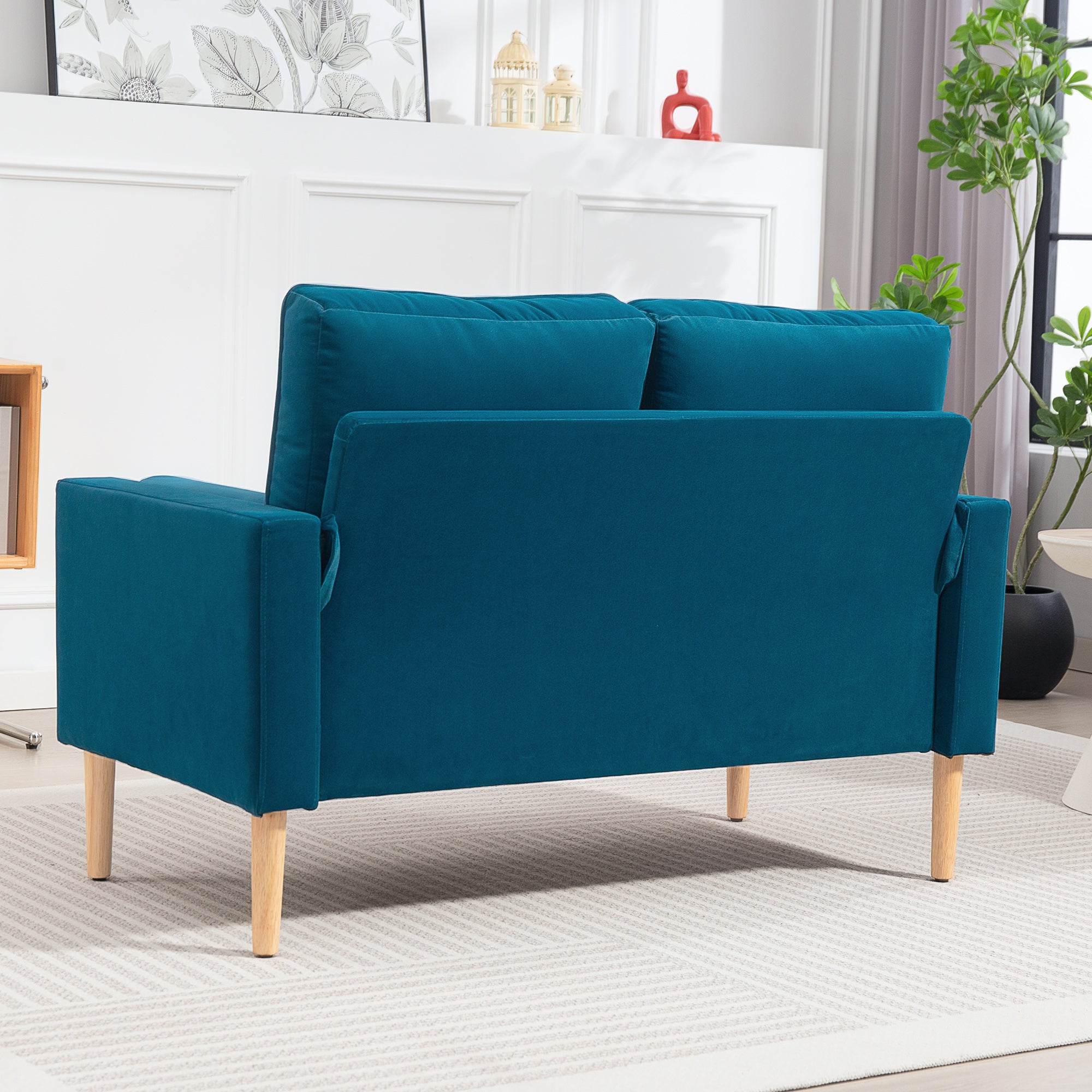 Canapé 2 places canapé moderne en velours 127 cm, coussins à ressorts épais, pieds en bois d'hévéa, 2 oreillers et assise capitonnée, banquette 2 places pour salon, chambre, petit espace, bleu