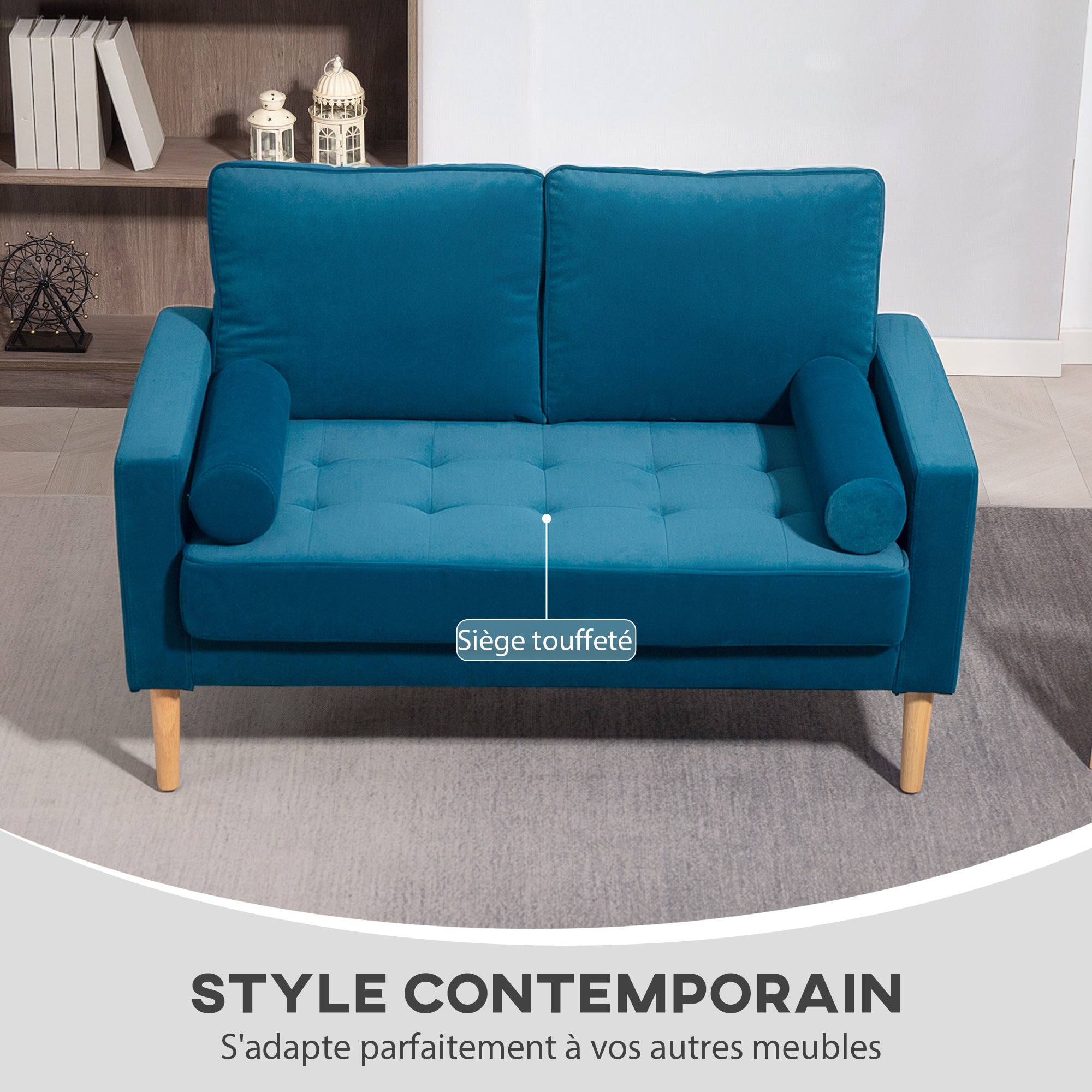Canapé 2 places canapé moderne en velours 127 cm, coussins à ressorts épais, pieds en bois d'hévéa, 2 oreillers et assise capitonnée, banquette 2 places pour salon, chambre, petit espace, bleu