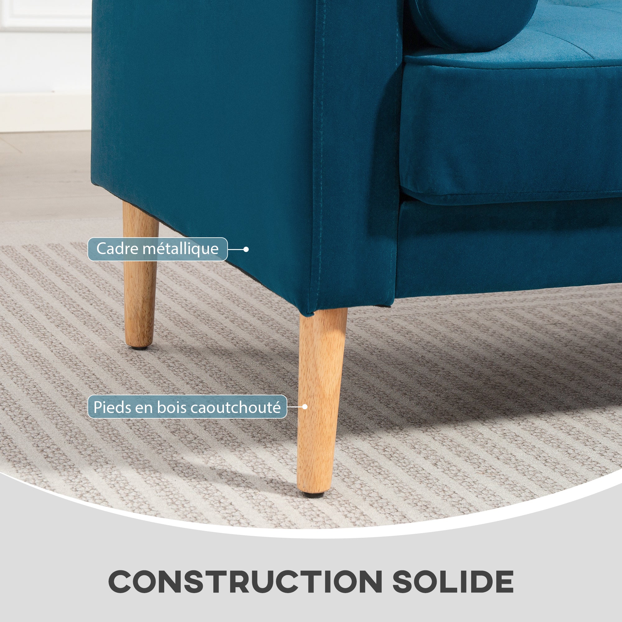Canapé 2 places canapé moderne en velours 127 cm, coussins à ressorts épais, pieds en bois d'hévéa, 2 oreillers et assise capitonnée, banquette 2 places pour salon, chambre, petit espace, bleu