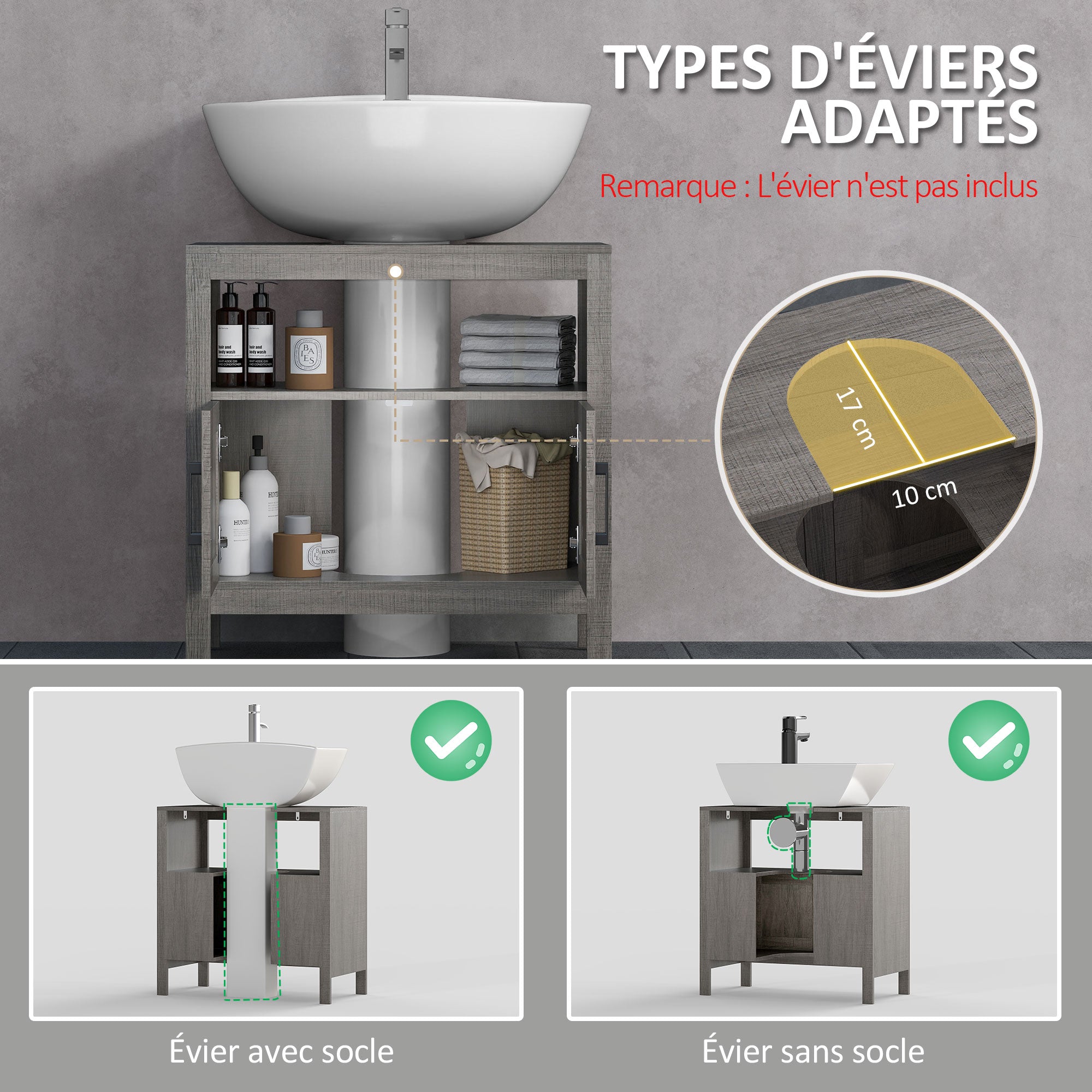 Meuble sous lavabo meuble sous évier meuble de salle de bain sous lavabo avec 2 portes et étagère - 60 x 30 x 60 cm - gris