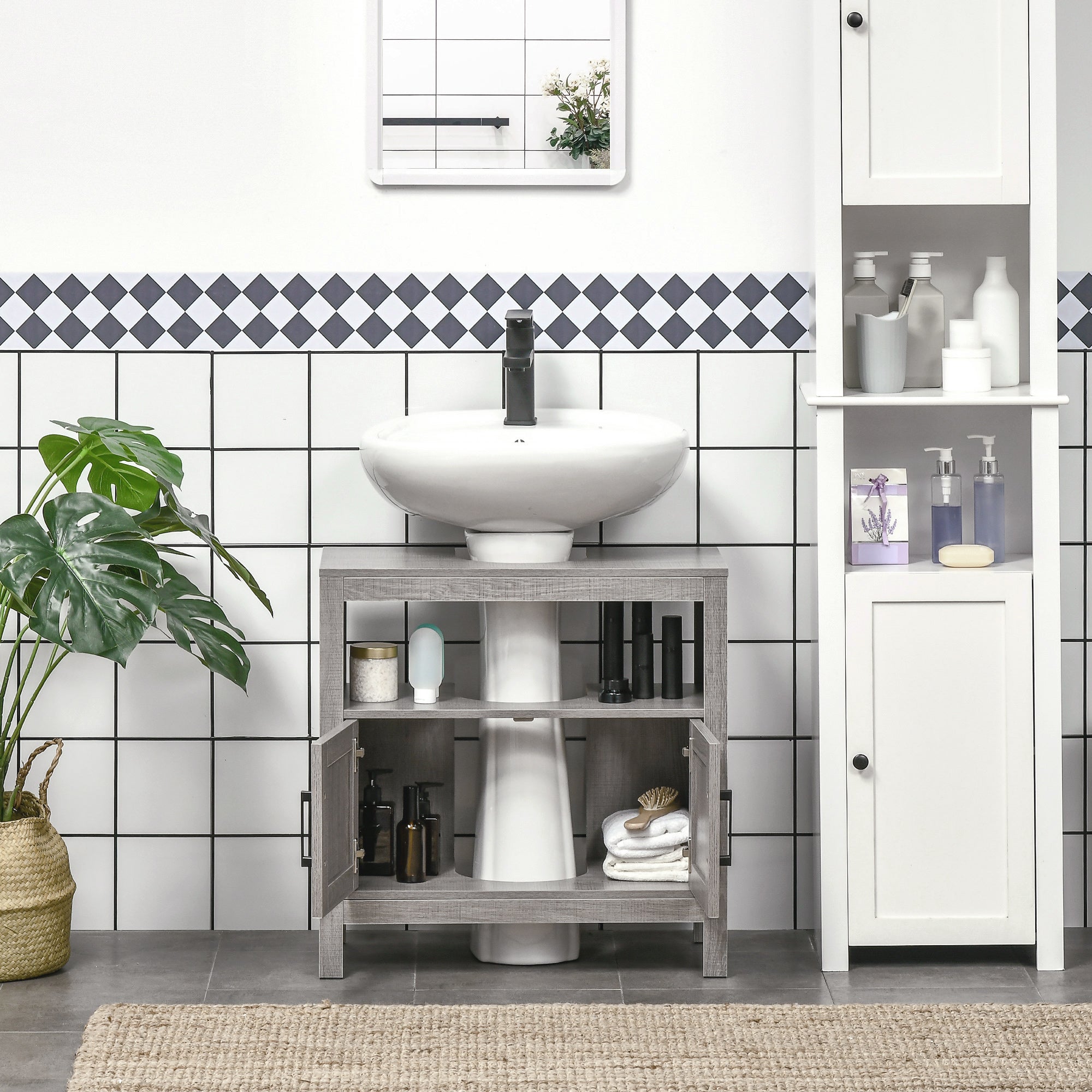 Meuble sous lavabo meuble sous évier meuble de salle de bain sous lavabo avec 2 portes et étagère - 60 x 30 x 60 cm - gris