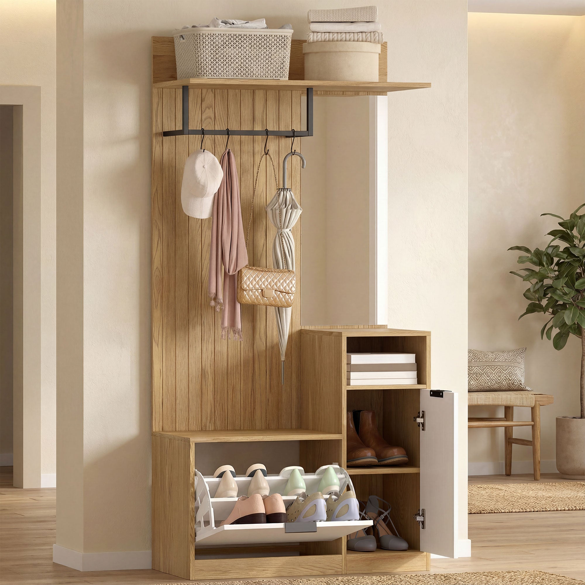 Meuble d'entrée 6 en 1, vestiaire d'entrée avec banc à chaussures rabattable, miroir, étagères, placard et patère, style moderne, porte-manteau pour couloir, chambre, salon, 80x37x168cm, chêne