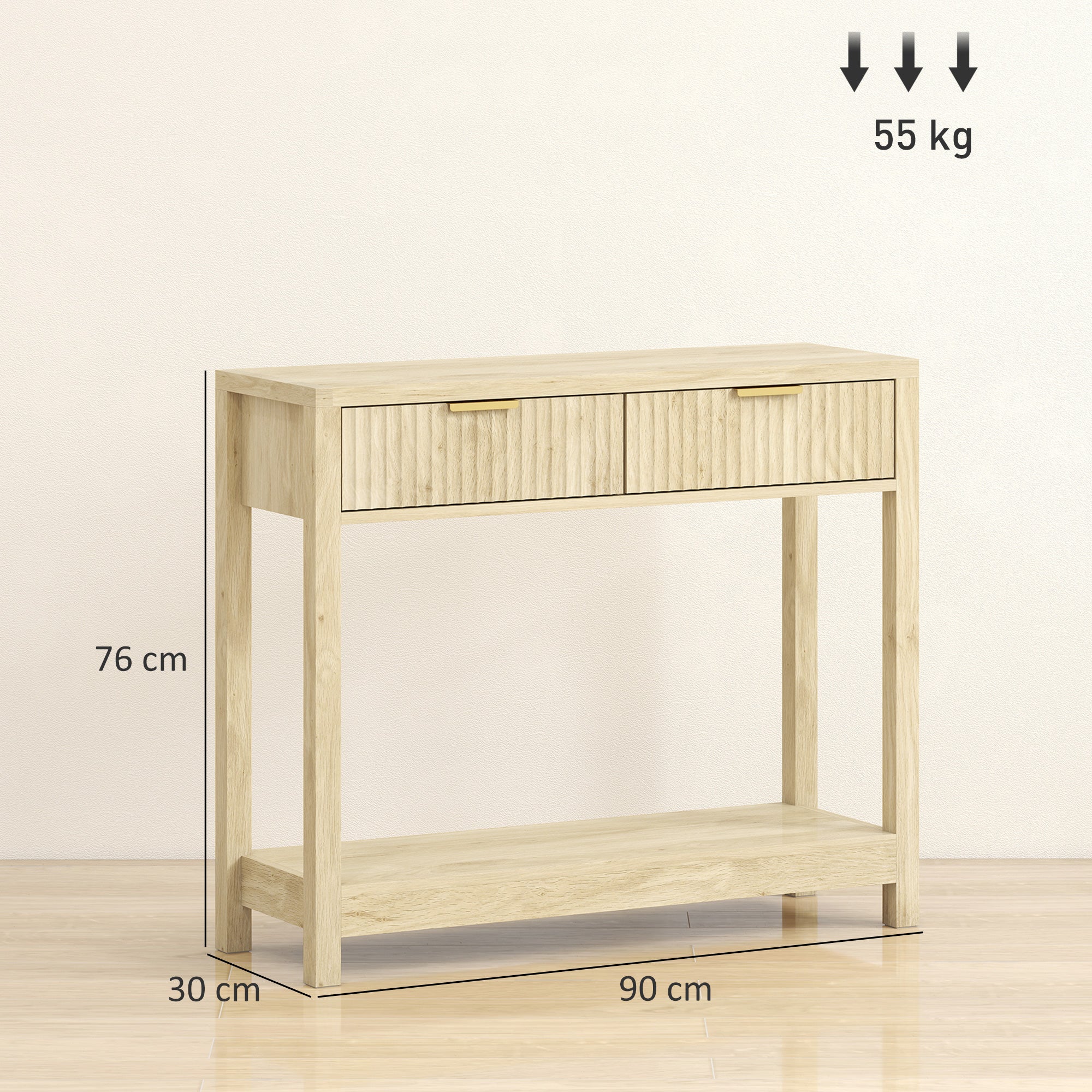 Console meuble 90 cm, table console étroite avec 2 tiroirs rainurés et étagère, style moderne, table d'entrée, couloir, salon, petits espaces, bois naturel