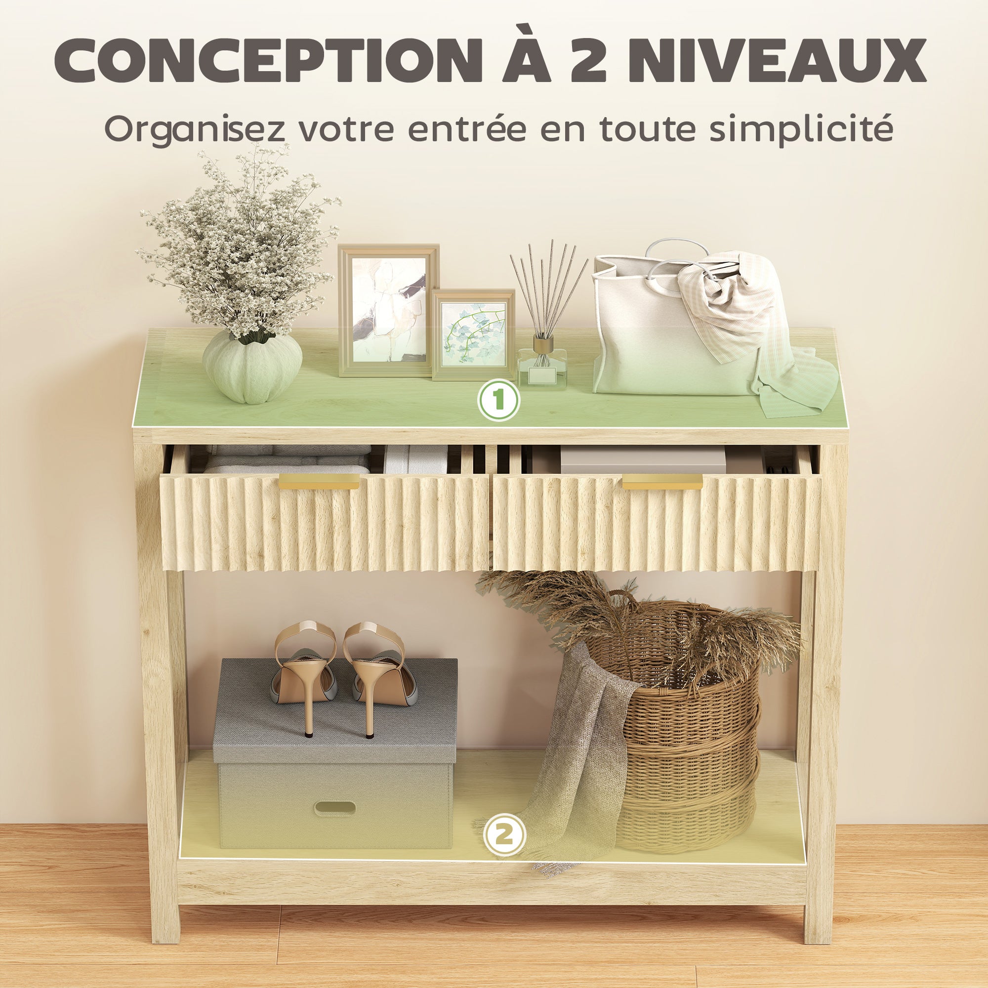 Console meuble 90 cm, table console étroite avec 2 tiroirs rainurés et étagère, style moderne, table d'entrée, couloir, salon, petits espaces, bois naturel