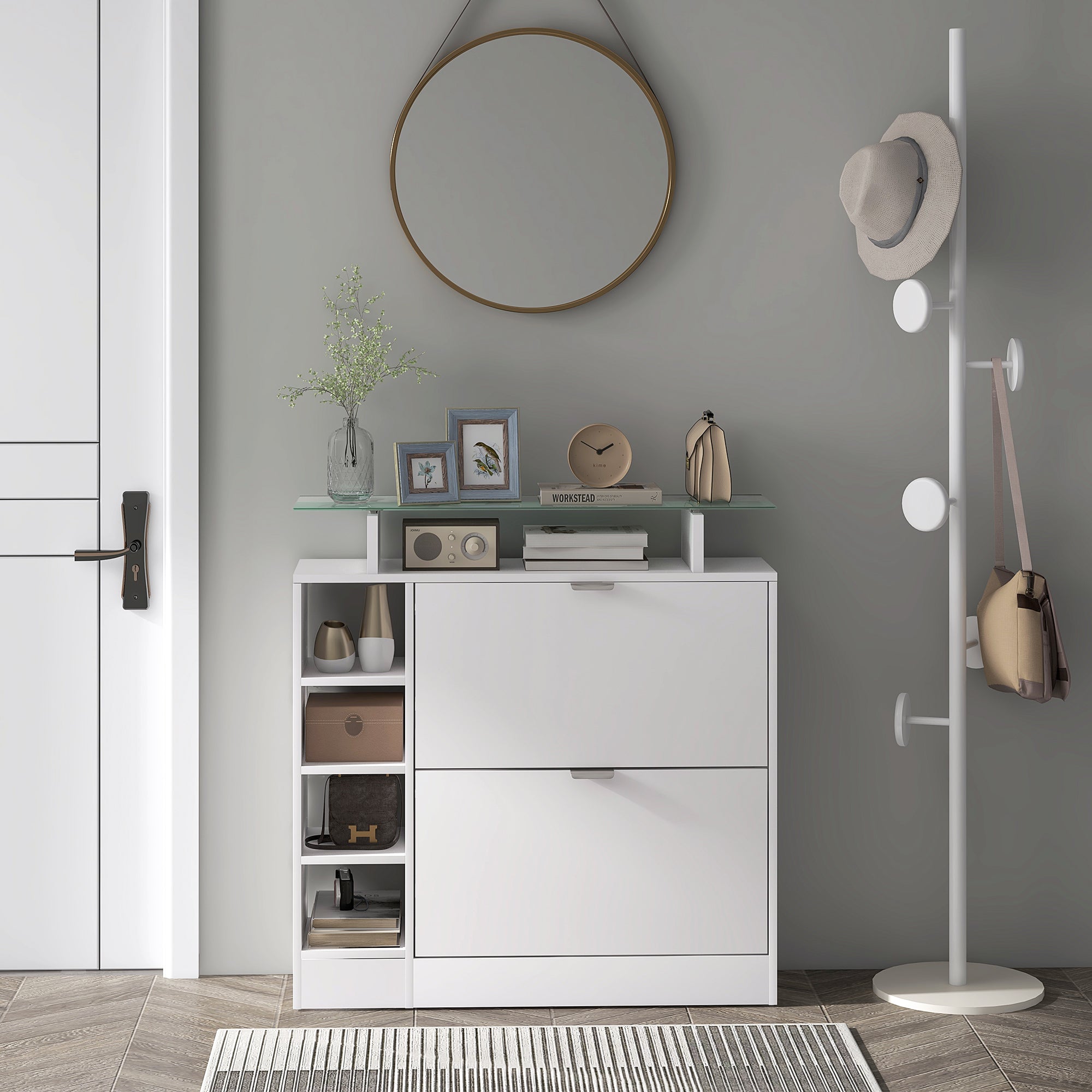 Meuble à chaussures moderne avec deux tiroirs rabattables pour 12 paires, armoire à chaussures avec plateau en verre et étagères réglables, 89 x 25 x 92 cm, blanc