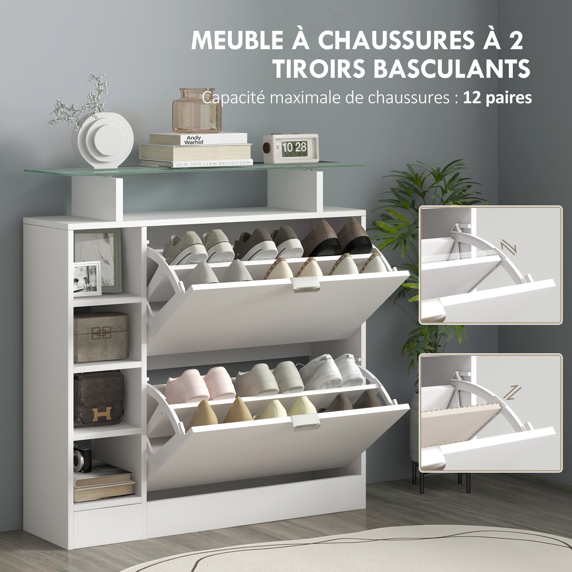 Meuble à chaussures moderne avec deux tiroirs rabattables pour 12 paires, armoire à chaussures avec plateau en verre et étagères réglables, 89 x 25 x 92 cm, blanc