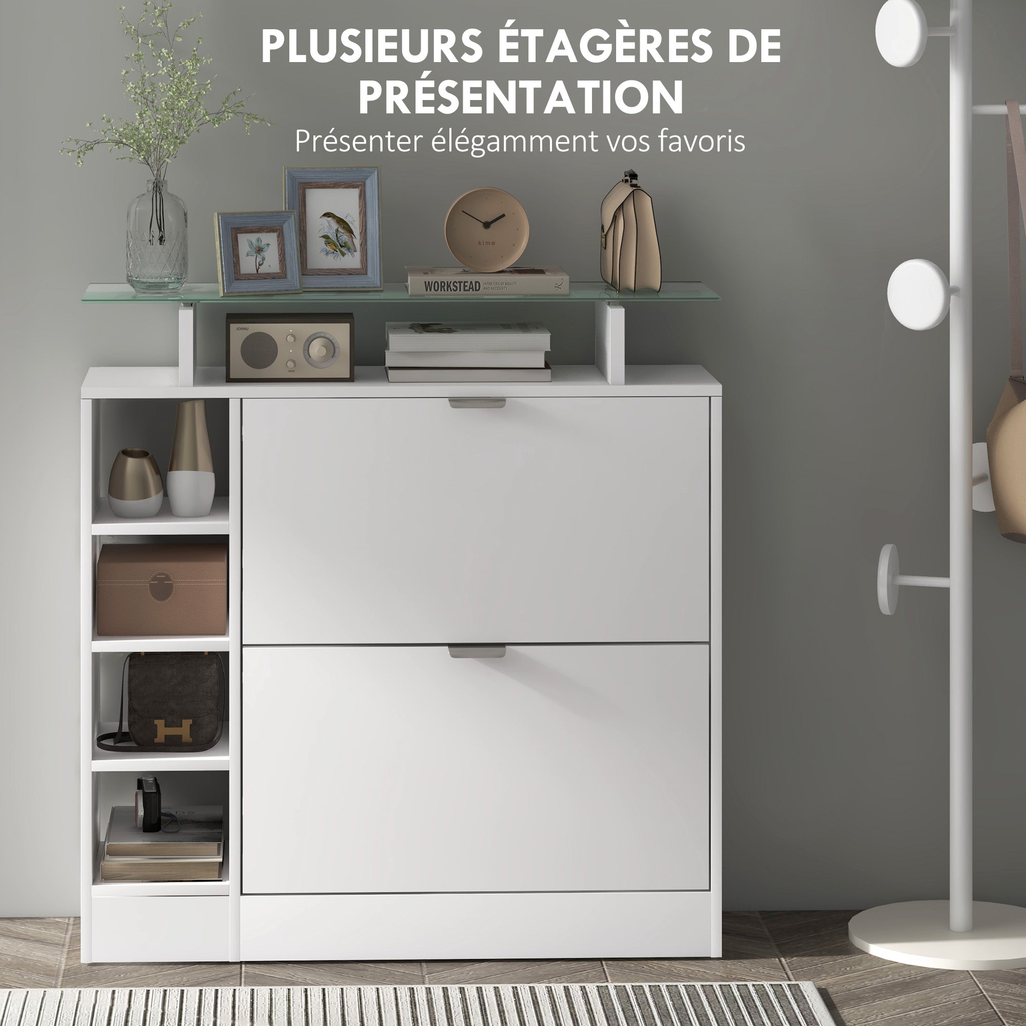Meuble à chaussures moderne avec deux tiroirs rabattables pour 12 paires, armoire à chaussures avec plateau en verre et étagères réglables, 89 x 25 x 92 cm, blanc