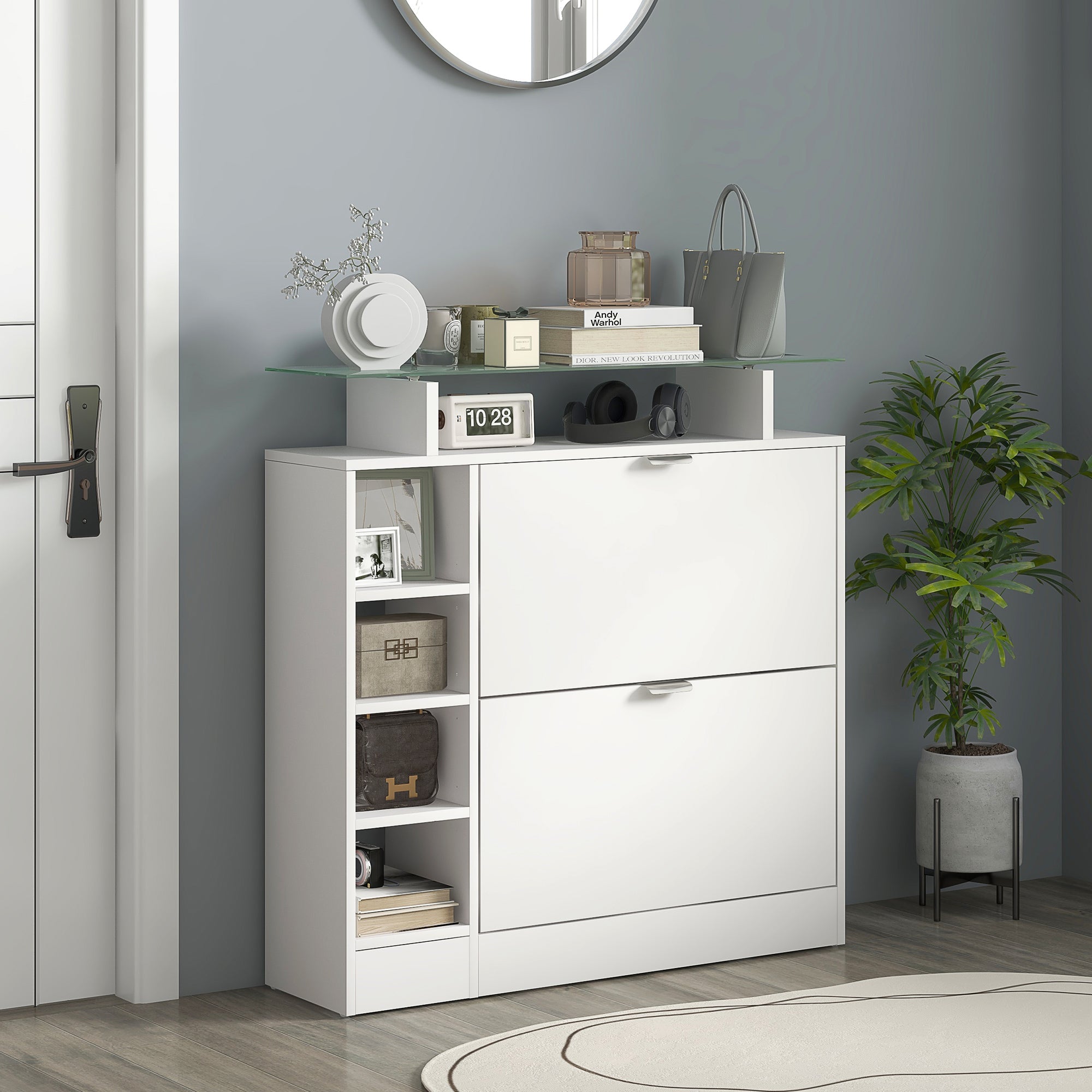 Meuble à chaussures moderne avec deux tiroirs rabattables pour 12 paires, armoire à chaussures avec plateau en verre et étagères réglables, 89 x 25 x 92 cm, blanc