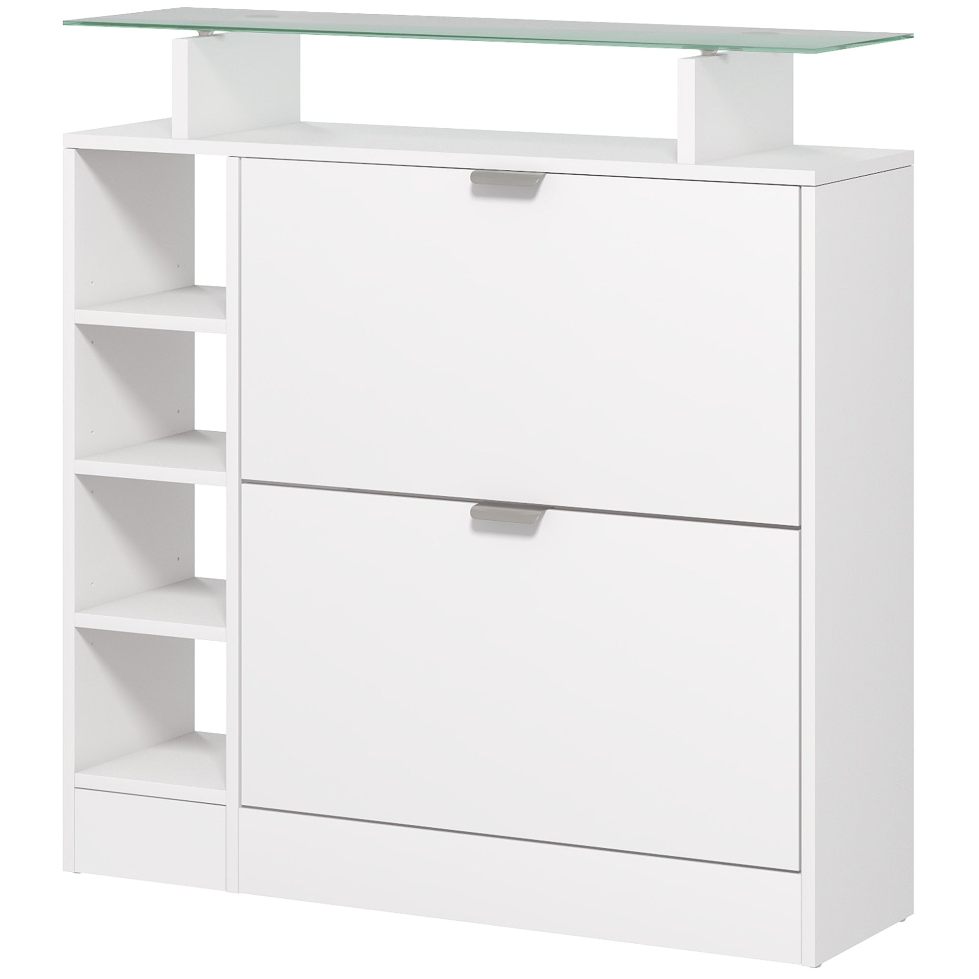 Meuble à chaussures moderne avec deux tiroirs rabattables pour 12 paires, armoire à chaussures avec plateau en verre et étagères réglables, 89 x 25 x 92 cm, blanc