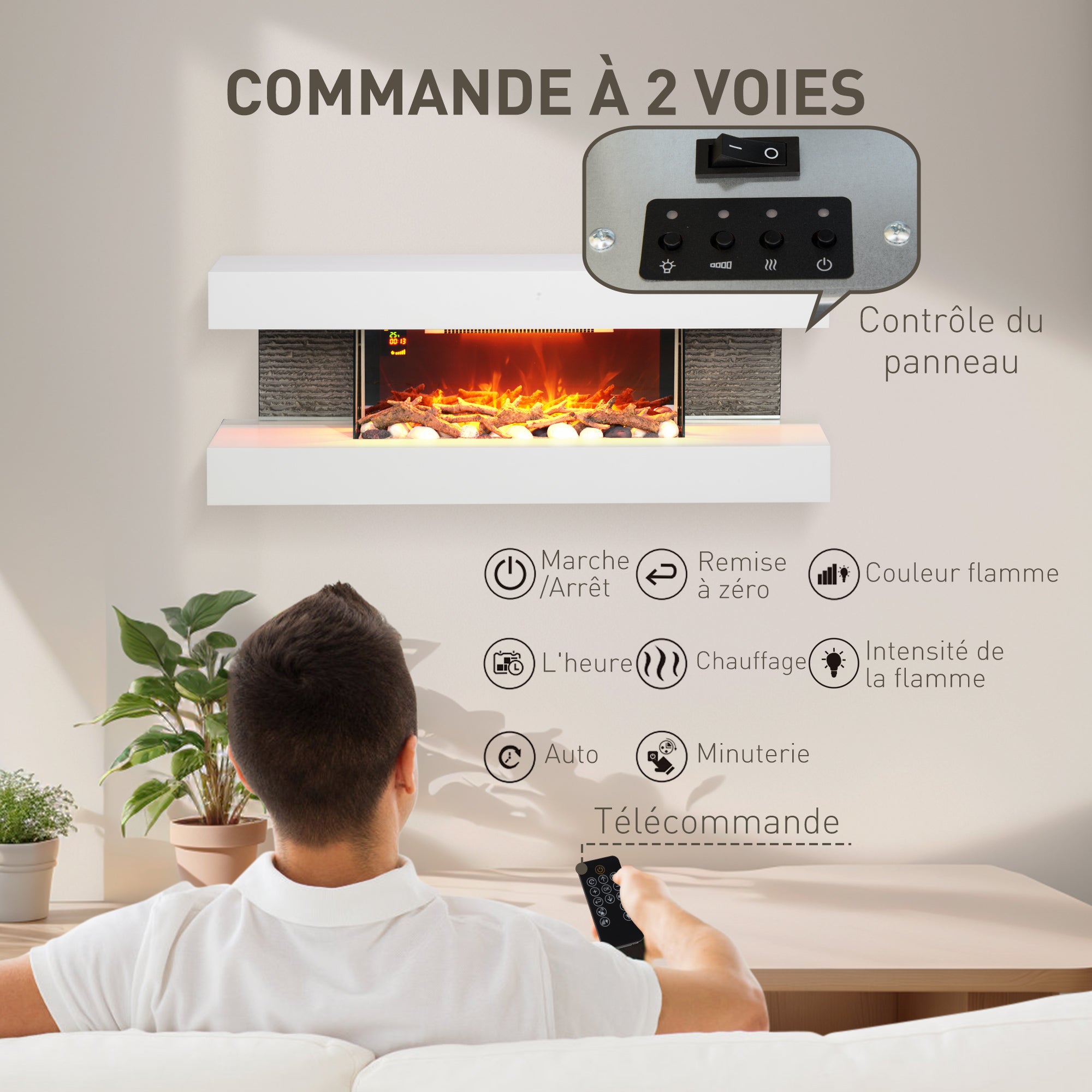 Cheminée électrique 2000 W mural ou sur pieds fausse cheminée 120L cm avec manteau, cadre en verre, effet flamme LED réglable, bûche, galets, minuterie, température 15-40℃, télécommande, blanc