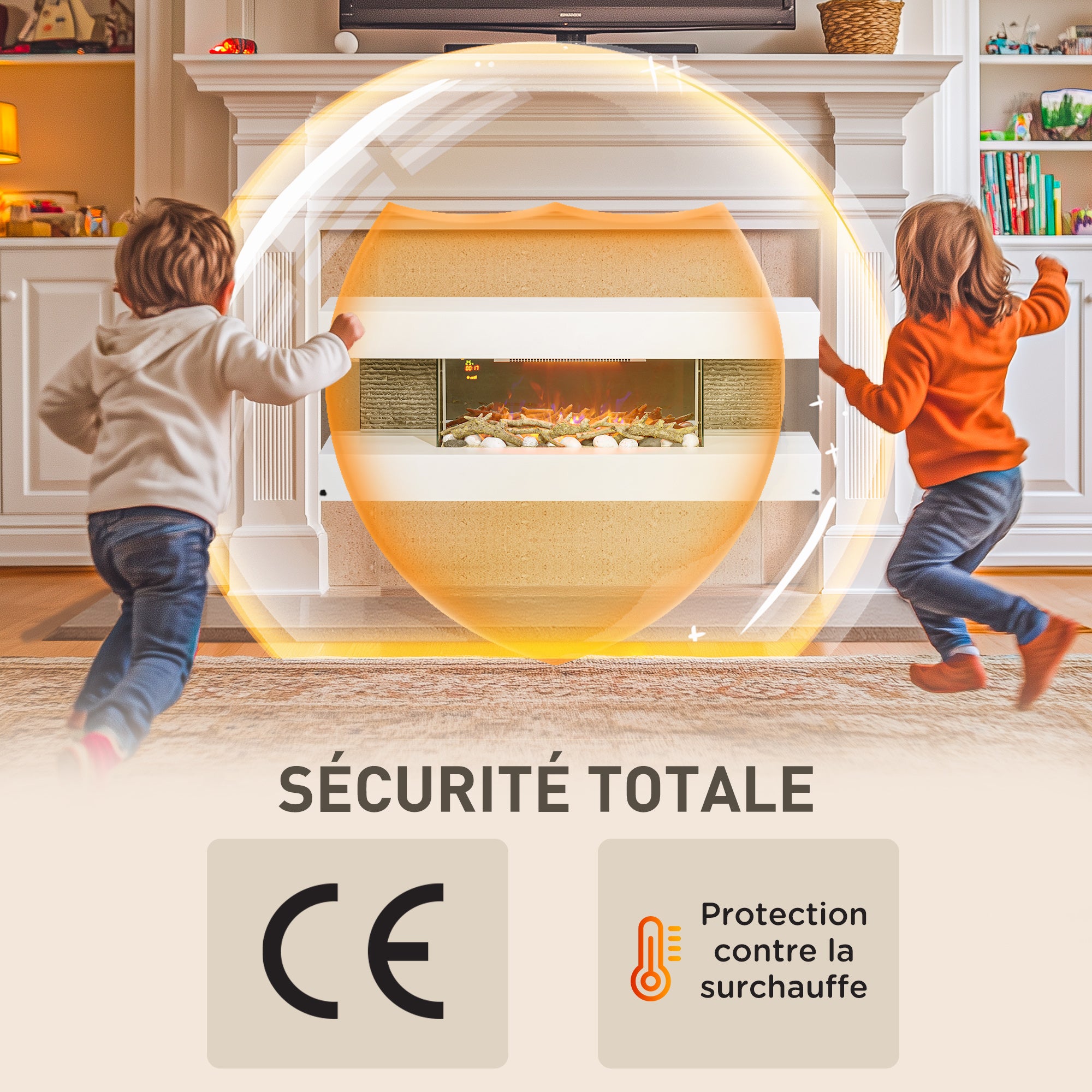 Cheminée électrique 2000 W mural ou sur pieds fausse cheminée 120L cm avec manteau, cadre en verre, effet flamme LED réglable, bûche, galets, minuterie, température 15-40℃, télécommande, blanc