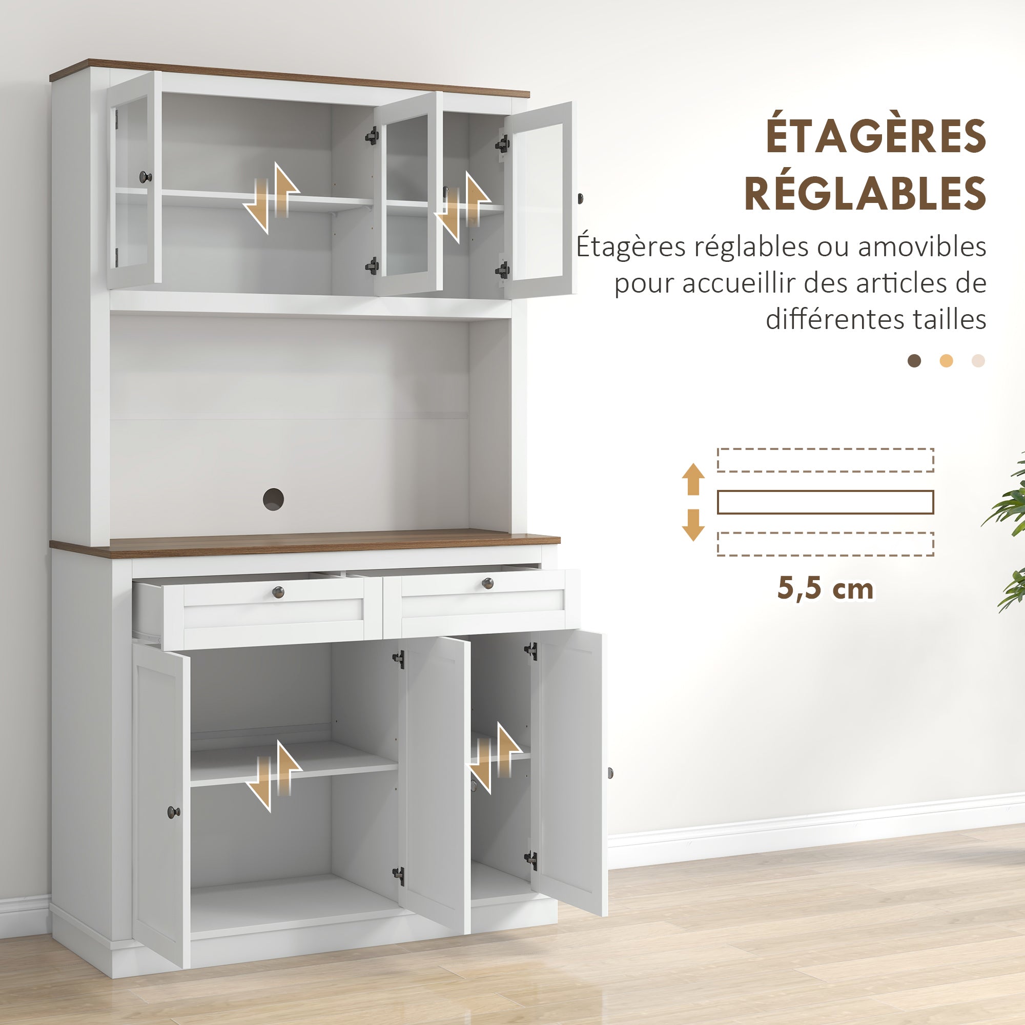 Buffet haut cuisine, armoire de cuisine, vaisselier, 6 portes dont 3 en verre, 2 tiroirs, plan de travail, étagères réglables, meuble de rangement pour salon salle à manger, 100x40x180cm, blanc