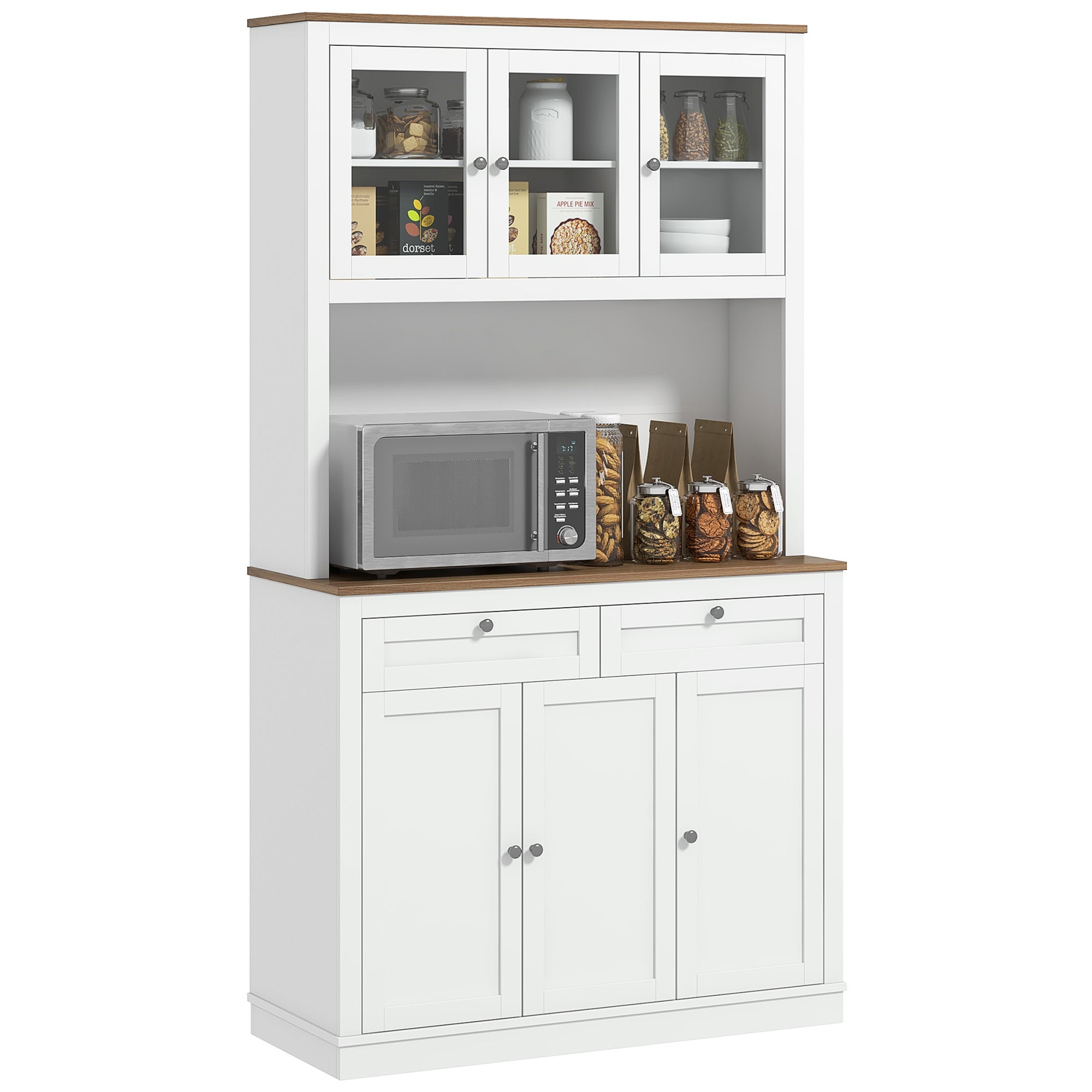 Buffet haut cuisine, armoire de cuisine, vaisselier, 6 portes dont 3 en verre, 2 tiroirs, plan de travail, étagères réglables, meuble de rangement pour salon salle à manger, 100x40x180cm, blanc