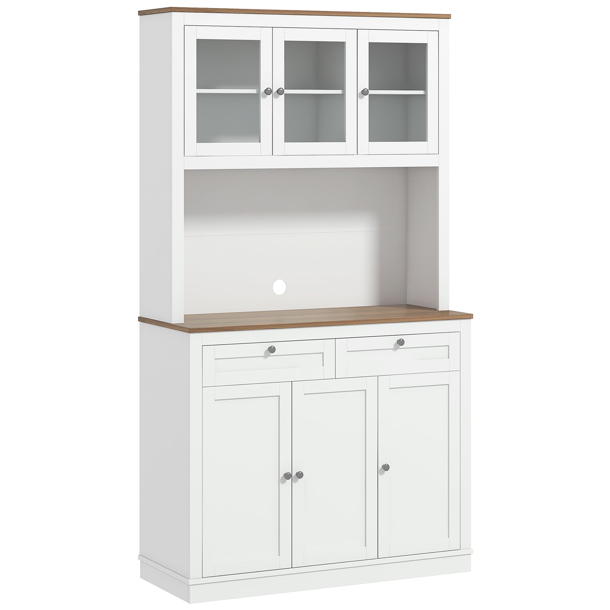 Buffet haut cuisine, armoire de cuisine, vaisselier, 6 portes dont 3 en verre, 2 tiroirs, plan de travail, étagères réglables, meuble de rangement pour salon salle à manger, 100x40x180cm, blanc