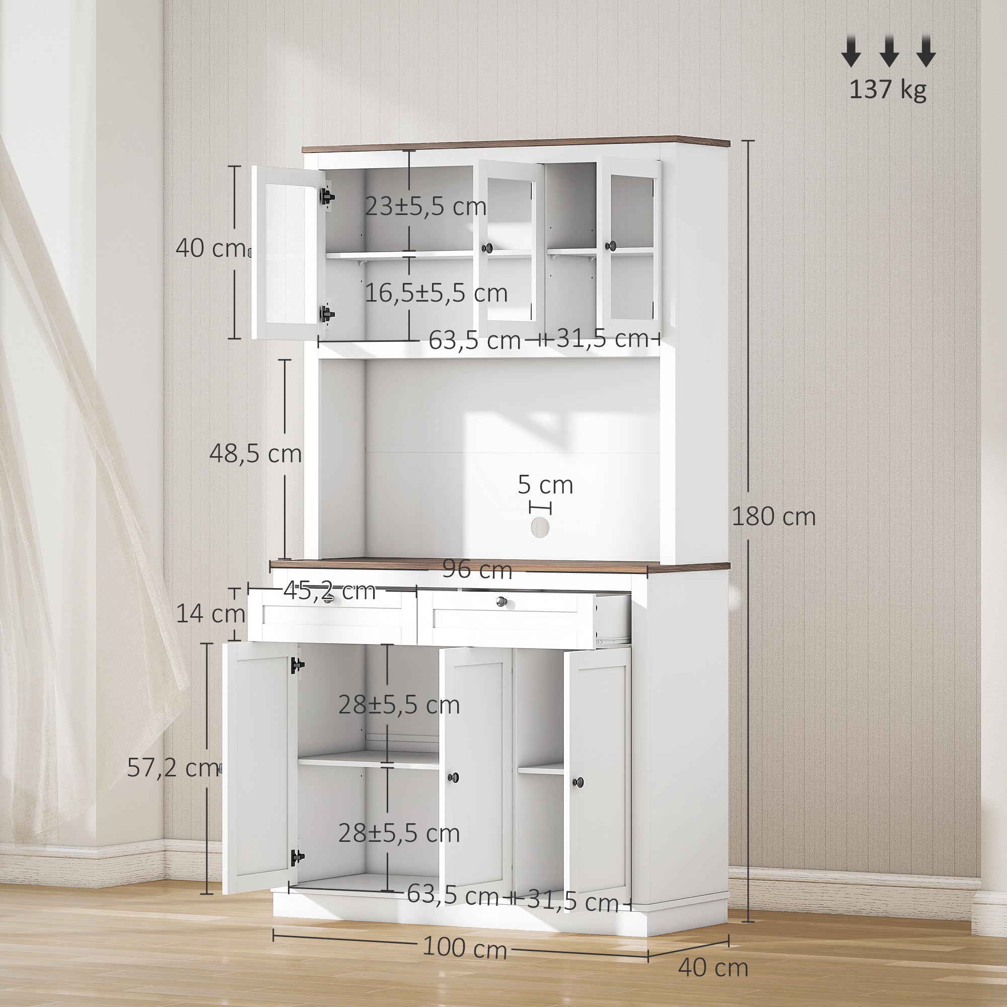 Buffet haut cuisine, armoire de cuisine, vaisselier, 6 portes dont 3 en verre, 2 tiroirs, plan de travail, étagères réglables, meuble de rangement pour salon salle à manger, 100x40x180cm, blanc