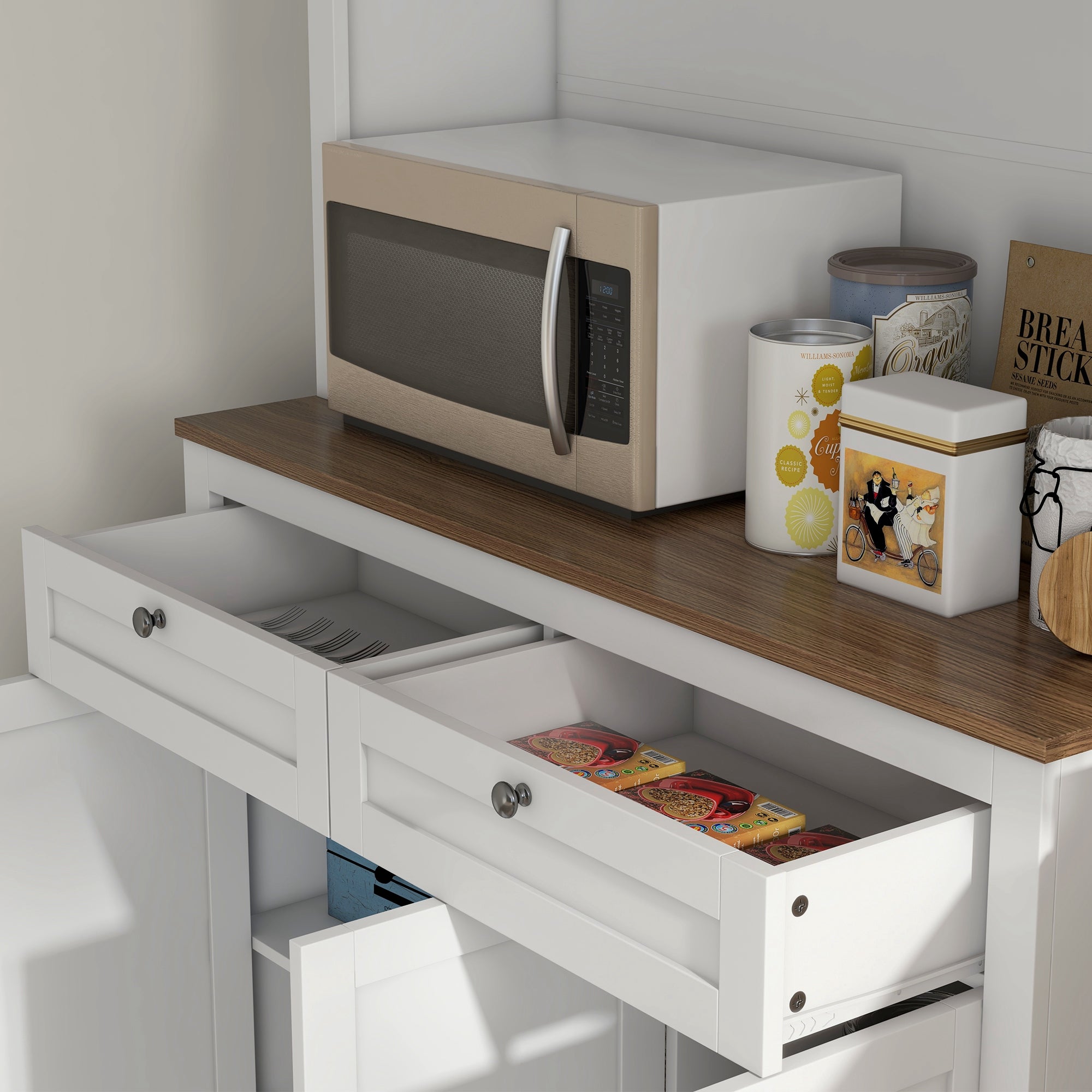 Buffet haut cuisine, armoire de cuisine, vaisselier, 6 portes dont 3 en verre, 2 tiroirs, plan de travail, étagères réglables, meuble de rangement pour salon salle à manger, 100x40x180cm, blanc