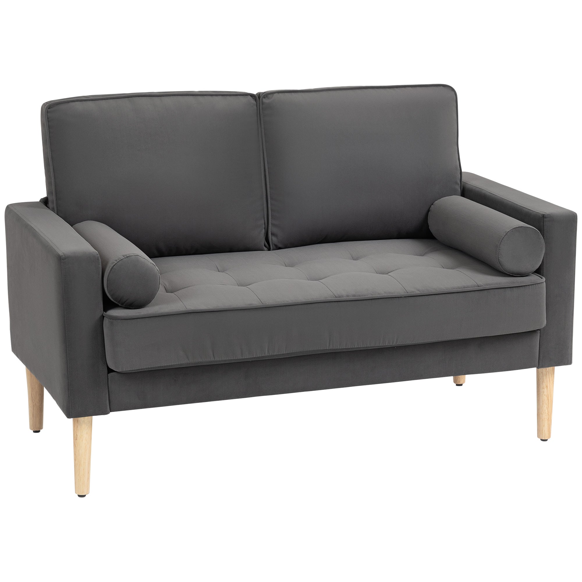 Canapé 2 places canapé moderne en velours 127 cm, coussins à ressorts épais, pieds en bois d'hévéa, 2 oreillers et assise capitonnée, banquette 2 places pour salon, chambre, petit espace, gris