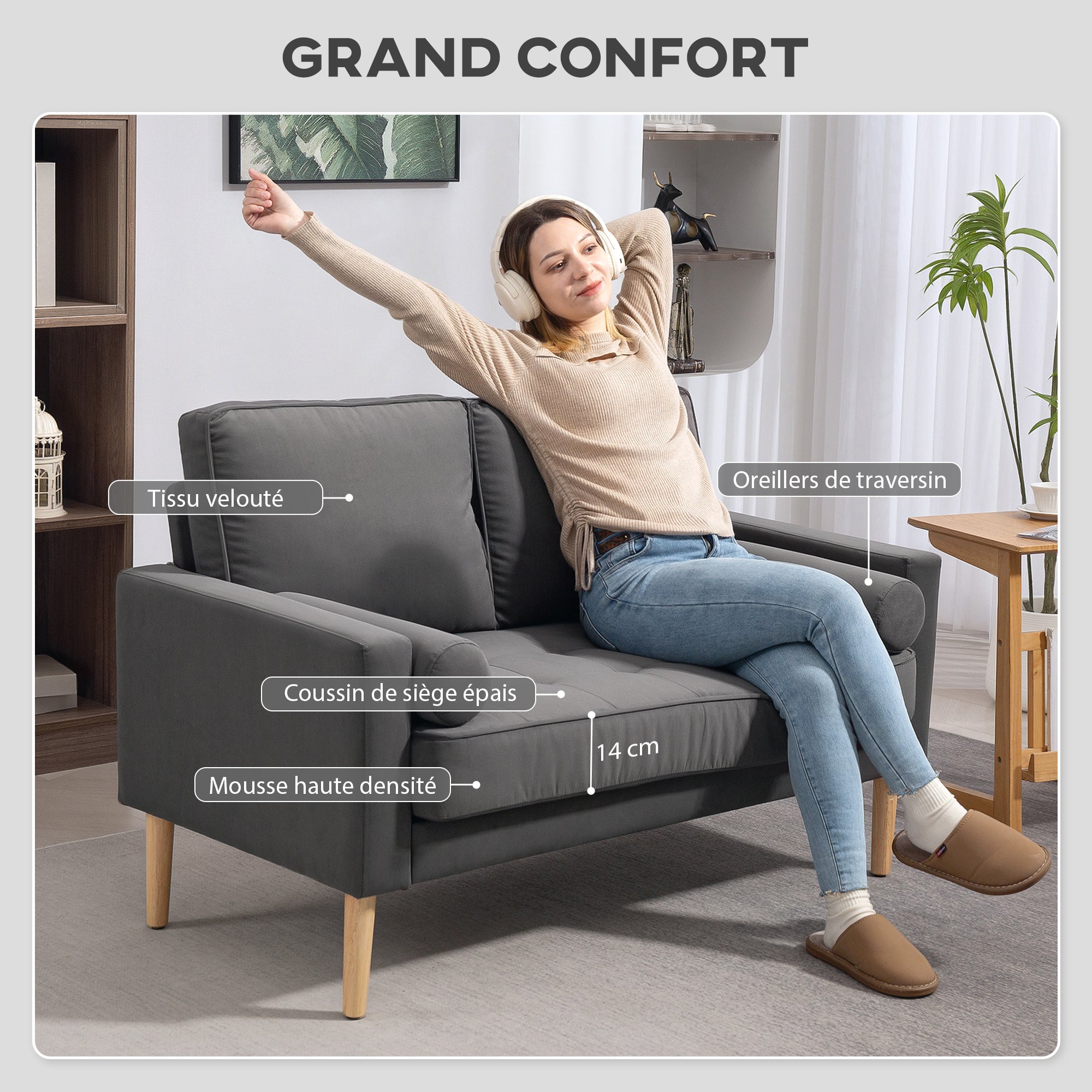 Canapé 2 places canapé moderne en velours 127 cm, coussins à ressorts épais, pieds en bois d'hévéa, 2 oreillers et assise capitonnée, banquette 2 places pour salon, chambre, petit espace, gris