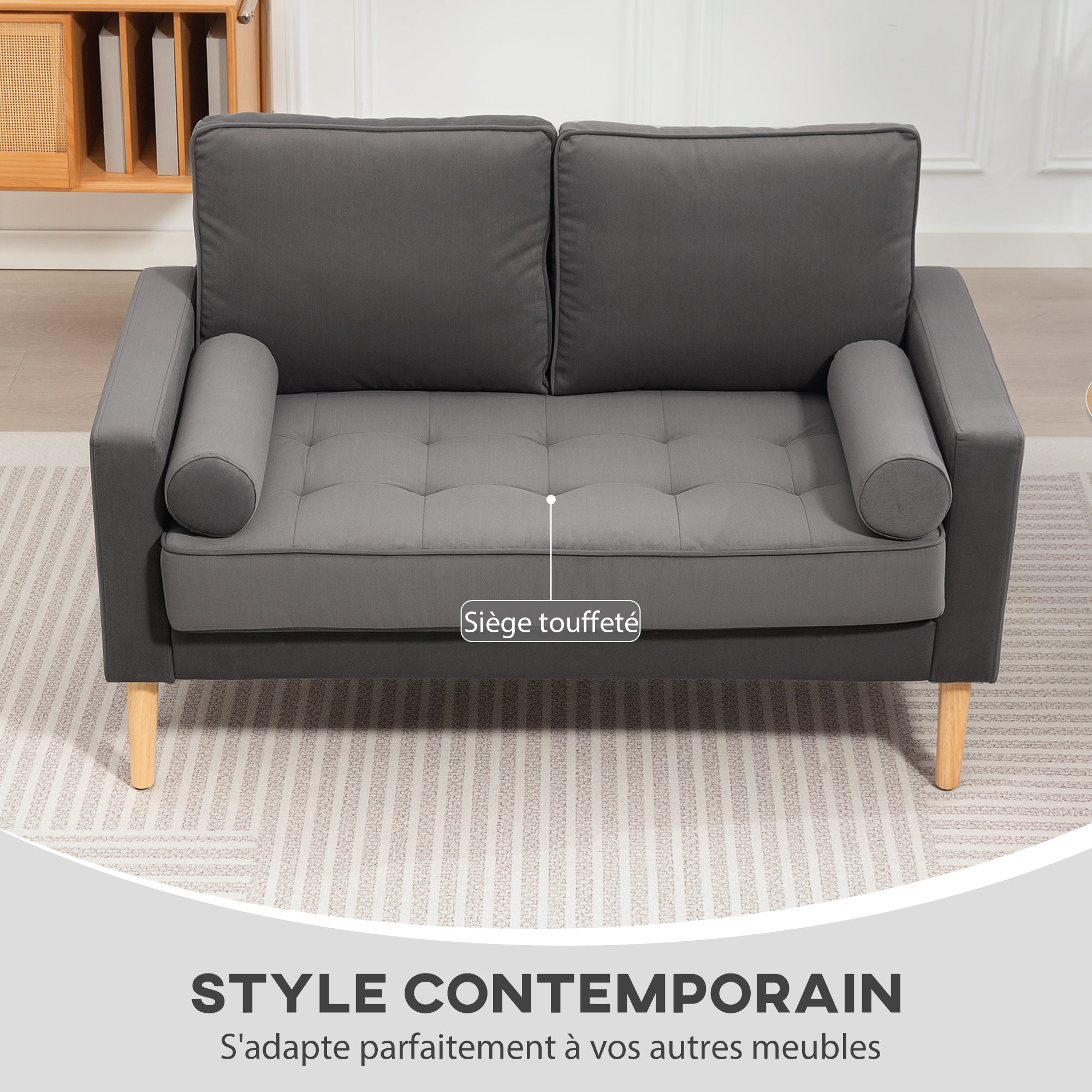 Canapé 2 places canapé moderne en velours 127 cm, coussins à ressorts épais, pieds en bois d'hévéa, 2 oreillers et assise capitonnée, banquette 2 places pour salon, chambre, petit espace, gris