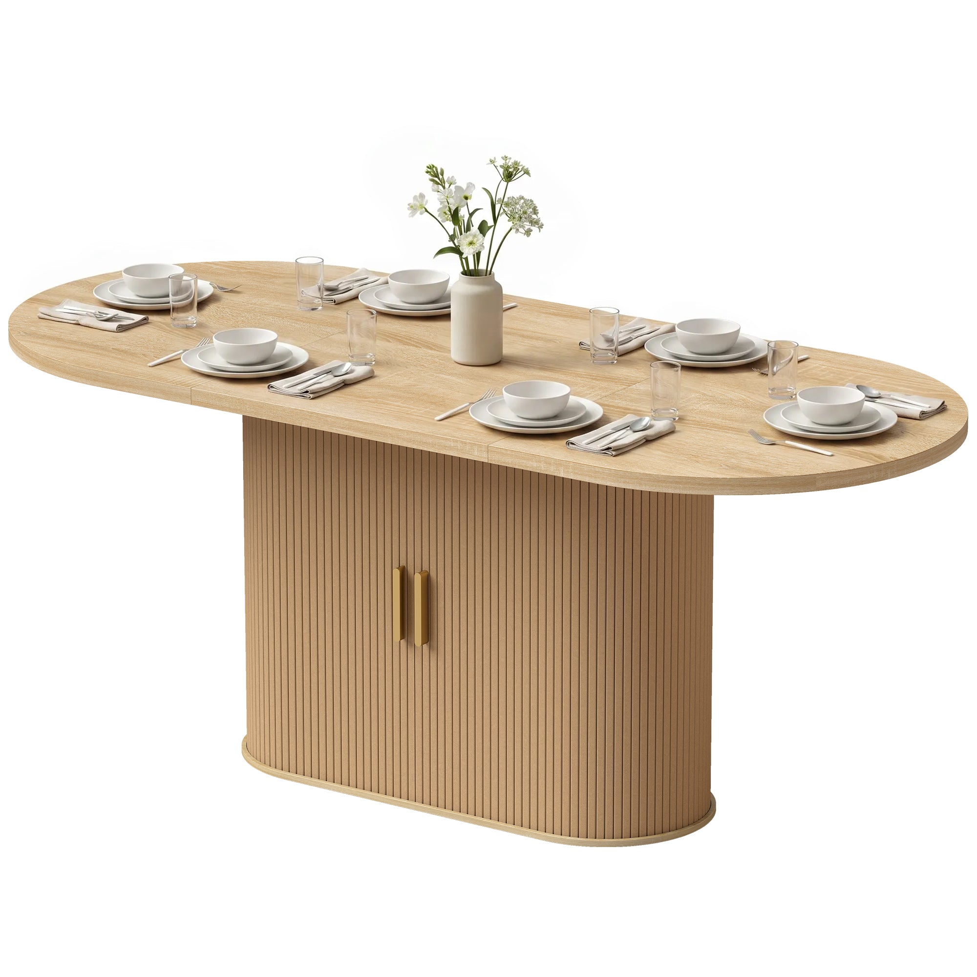 Table à Manger Ovale pour 6 personnes, 180x80x75cm - Table de Cuisine Moderne avec Portes Coulissantes, 6 Compartiments - Style Farmhouse Moderne, pour Salle à Manger, Cuisine, Salon, Chêne
