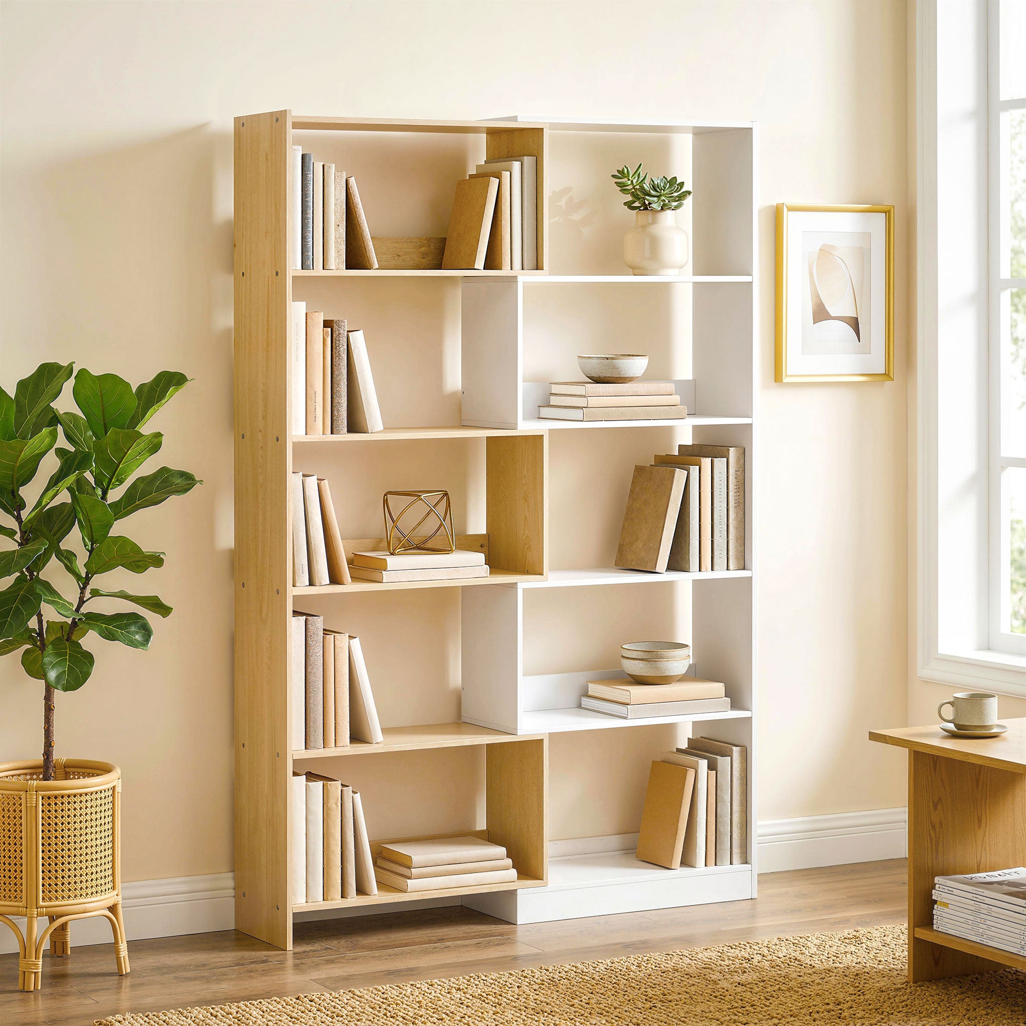 Bibliothèque d'angle rotative 350° à 5 niveaux, étagère de rangement extensible en forme L, 60-111x24x164cm, style moderne, meuble de rangement pour salon, bureau, petit espace, chêne et blanc