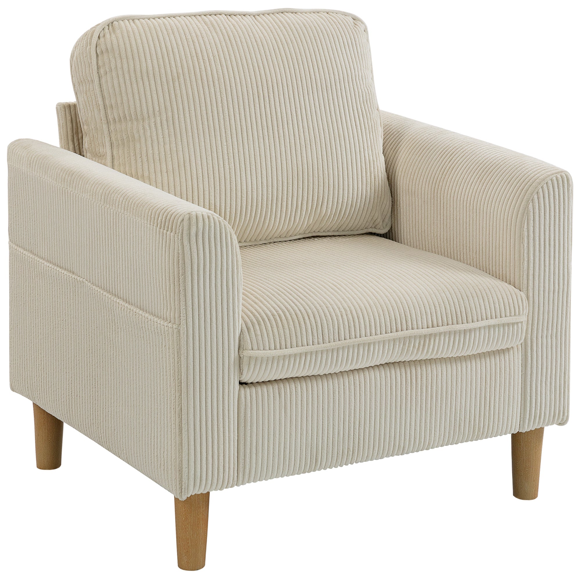 Fauteuil de salon en velours côtelé, canapé 1 place rembourré avec assise large et coussin à ressorts, style moderne, pour chambre, salon, petit espace, beige