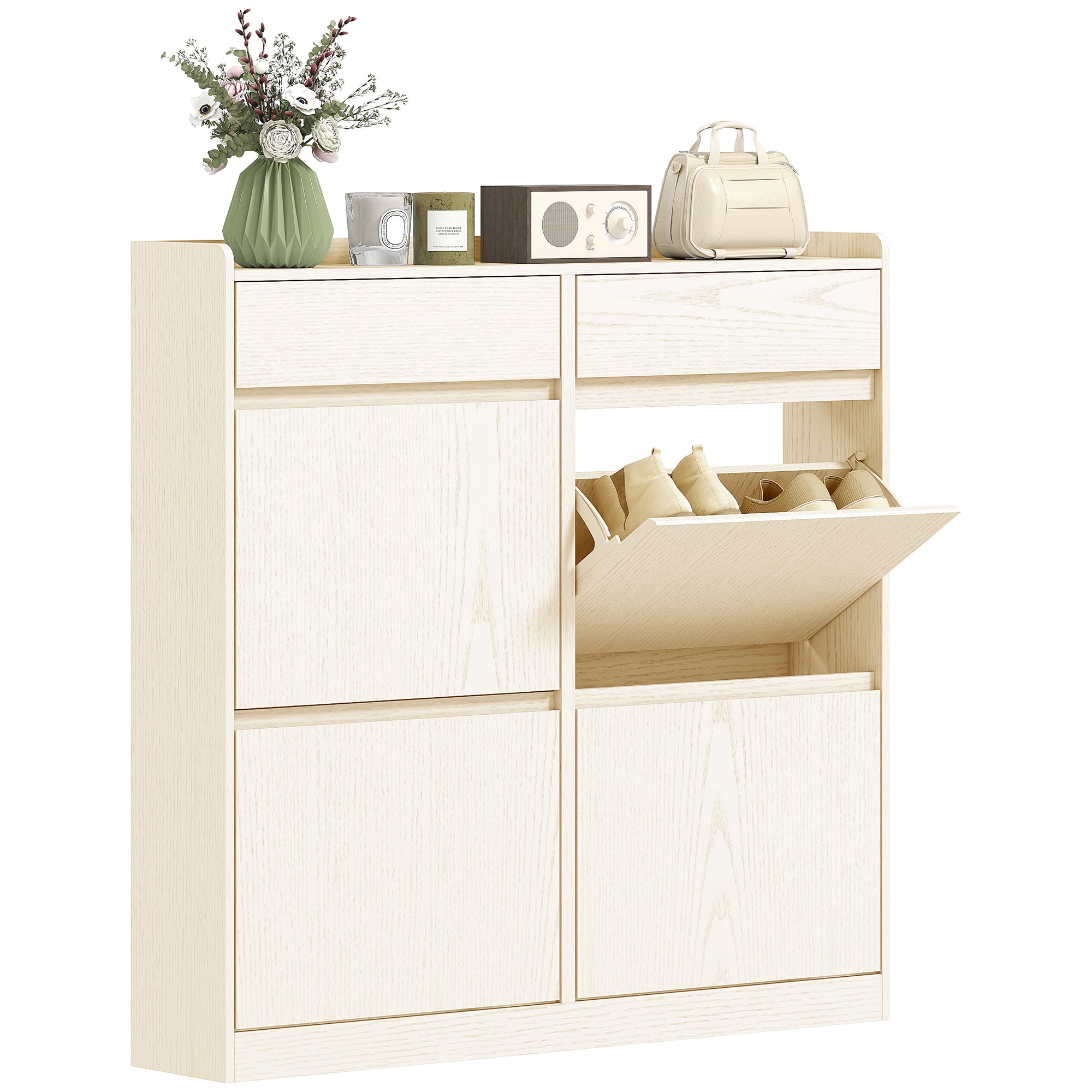 Meuble à chaussures 8 paires, armoire à chaussures étroite, meuble d'entrée avec 2 tiroirs coulissants et 4 tiroirs rabattables, pour couloir et entrée, 98 x 19,2 x 95,3 cm, blanc