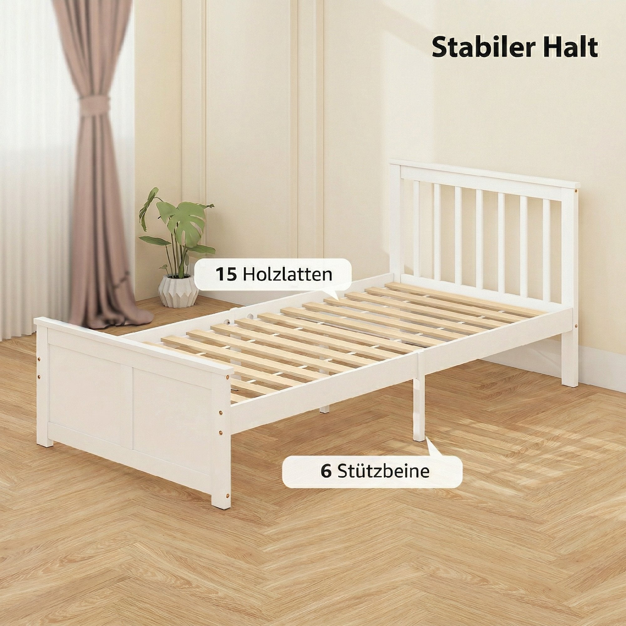 Cadre de Lit 90x190cm en Bois Massif, Lit Coffre avec 2 Tiroirs sur Roulettes, Tête de Lit, Pied de Lit, Sommier à Lattes, Sans Bruit, Blanc