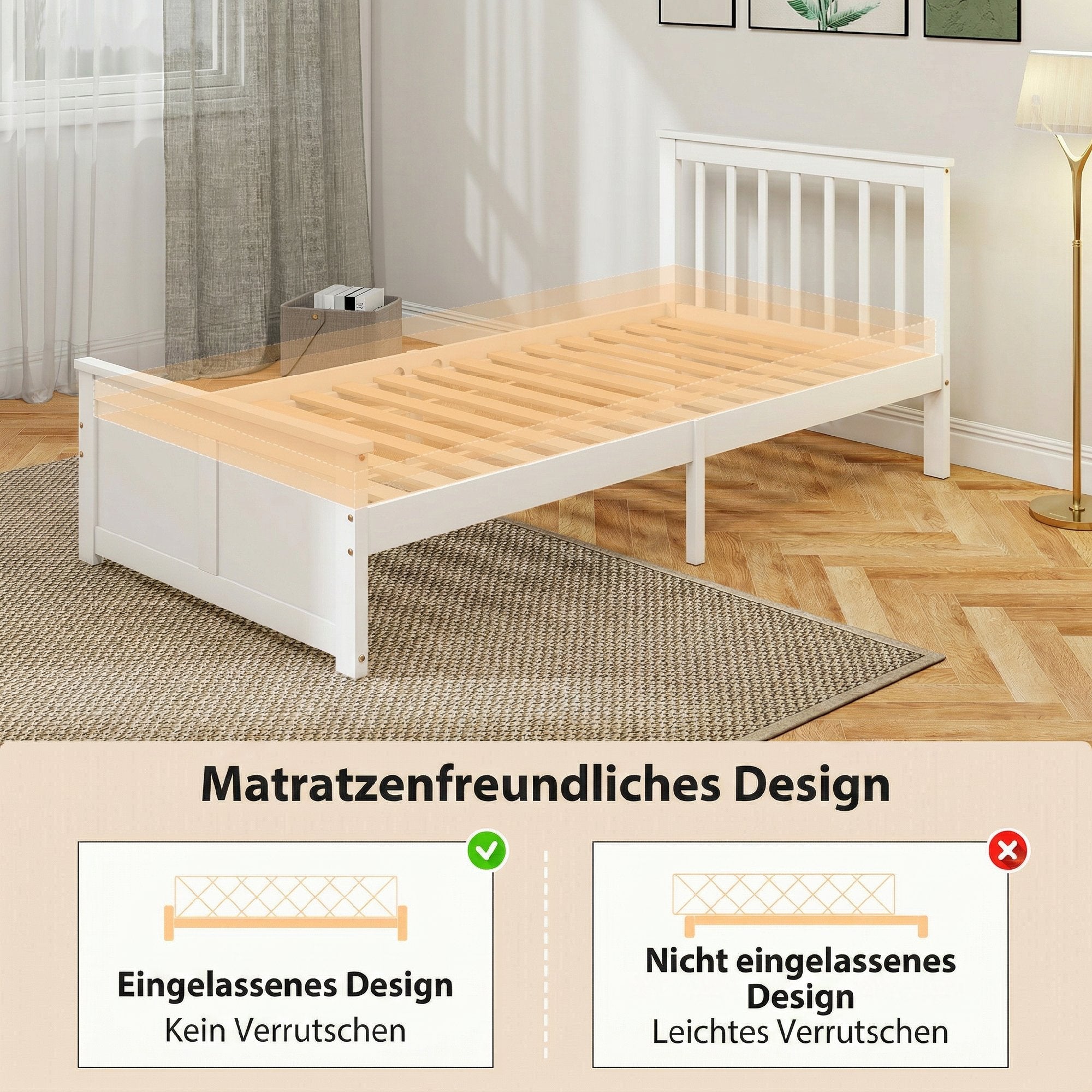 Cadre de Lit 90x190cm en Bois Massif, Lit Coffre avec 2 Tiroirs sur Roulettes, Tête de Lit, Pied de Lit, Sommier à Lattes, Sans Bruit, Blanc