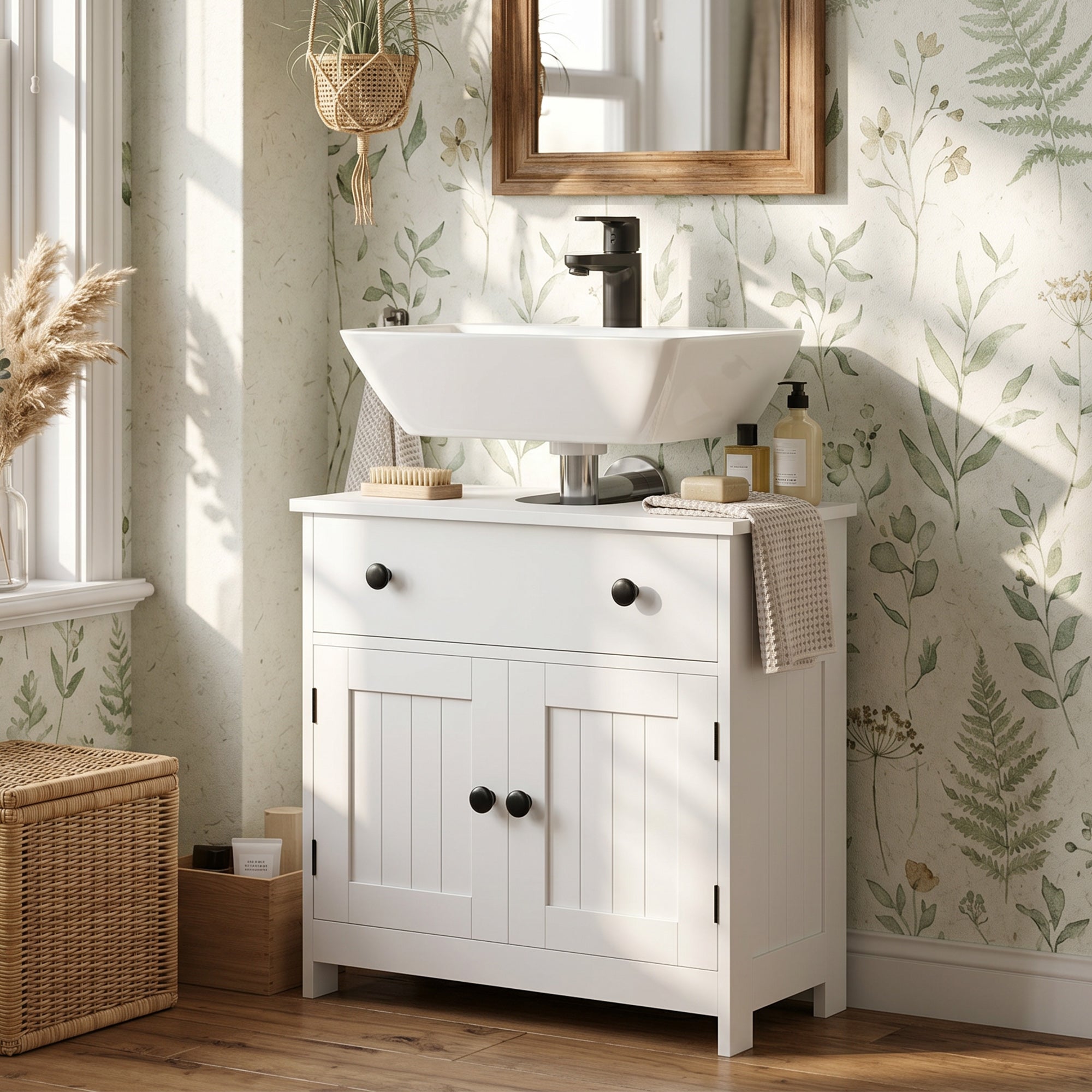 Meuble sous lavabo, meuble de salle de bain moderne avec charnières à fermeture douce, tiroir, 2 portes, découpe en U pour lavabo sans colonne, 60 x 30 x 60 cm, blanc