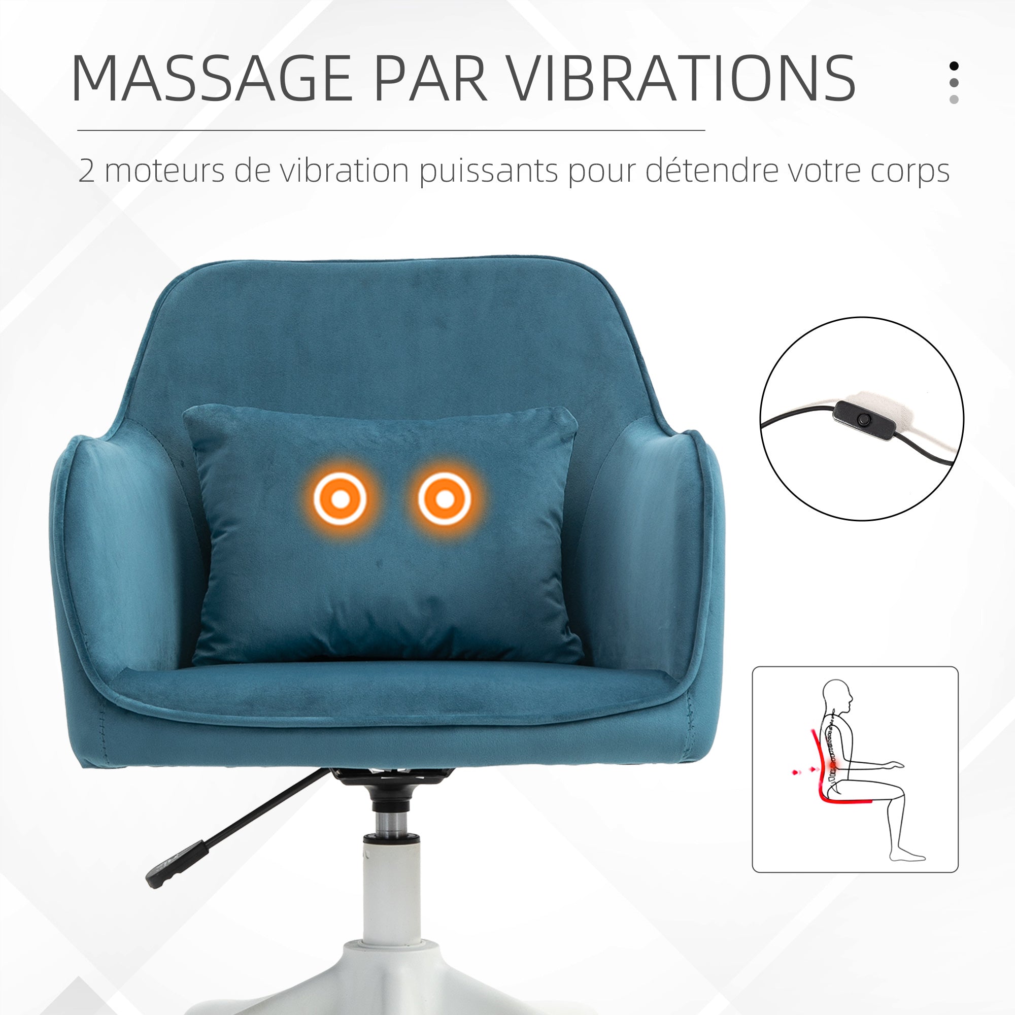 Chaise de bureau velours fauteuil bureau massant coussin lombaire intégré hauteur réglable pivotante 360° bleu