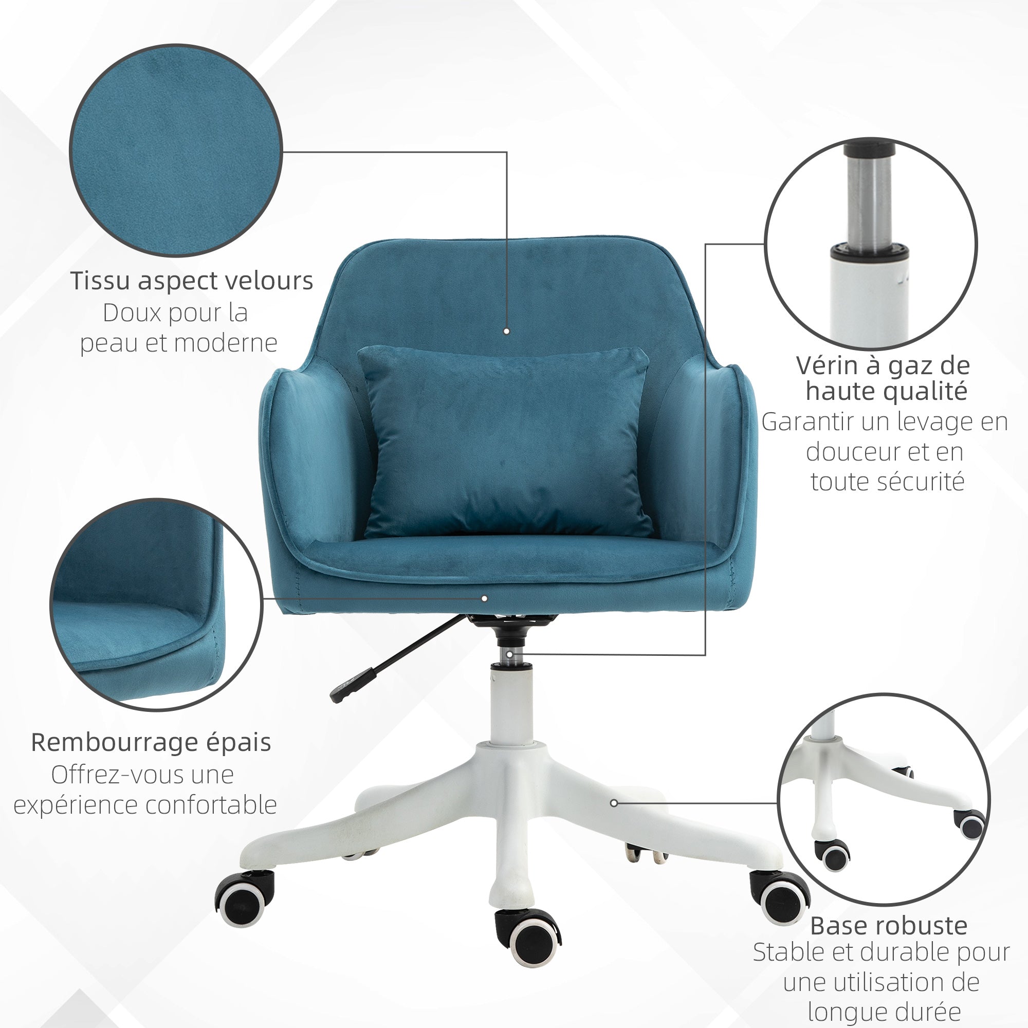 Chaise de bureau velours fauteuil bureau massant coussin lombaire intégré hauteur réglable pivotante 360° bleu