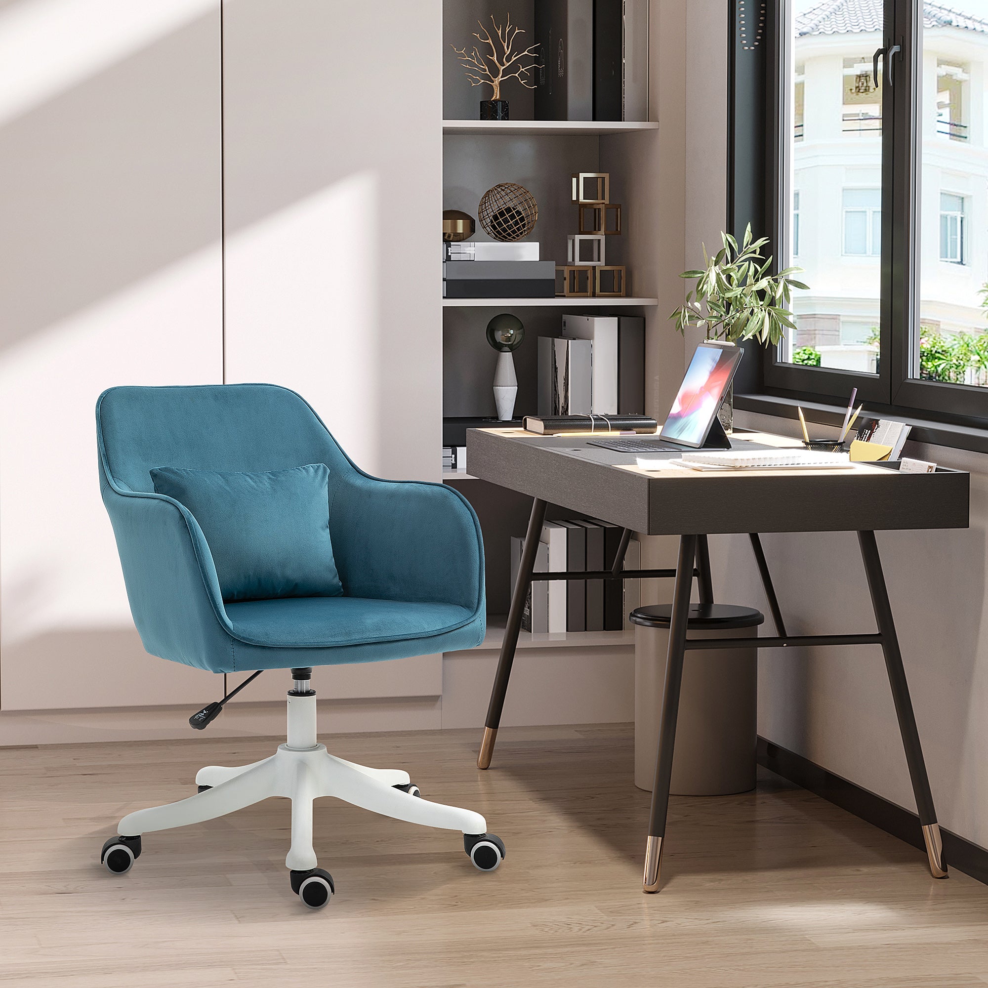 Chaise de bureau velours fauteuil bureau massant coussin lombaire intégré hauteur réglable pivotante 360° bleu