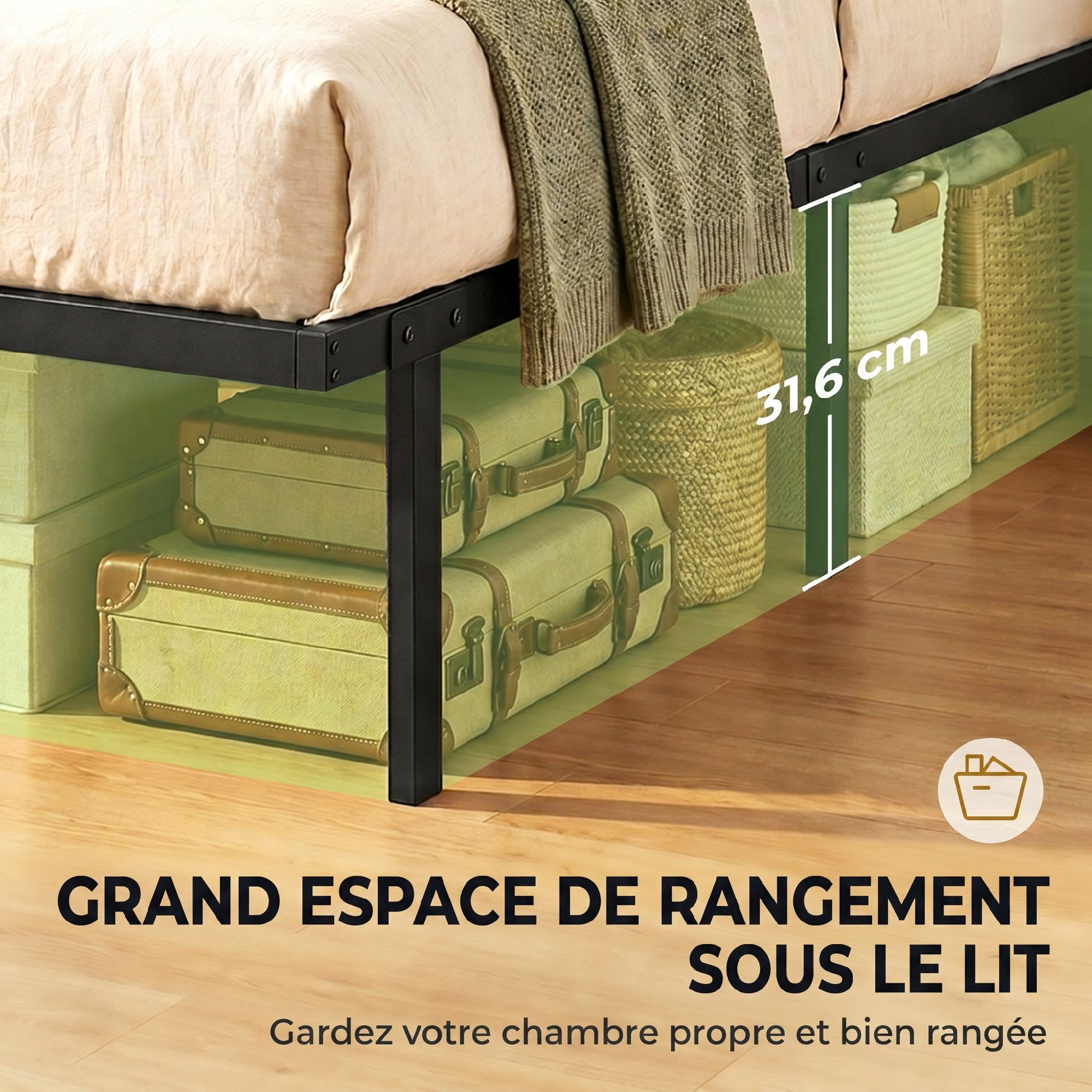 Cadre de lit 90 x 200 cm avec sommier, lit simple avec support à lattes en métal, rangement au-dessous de 35,5H cm, sans bruit, montage facile, noir