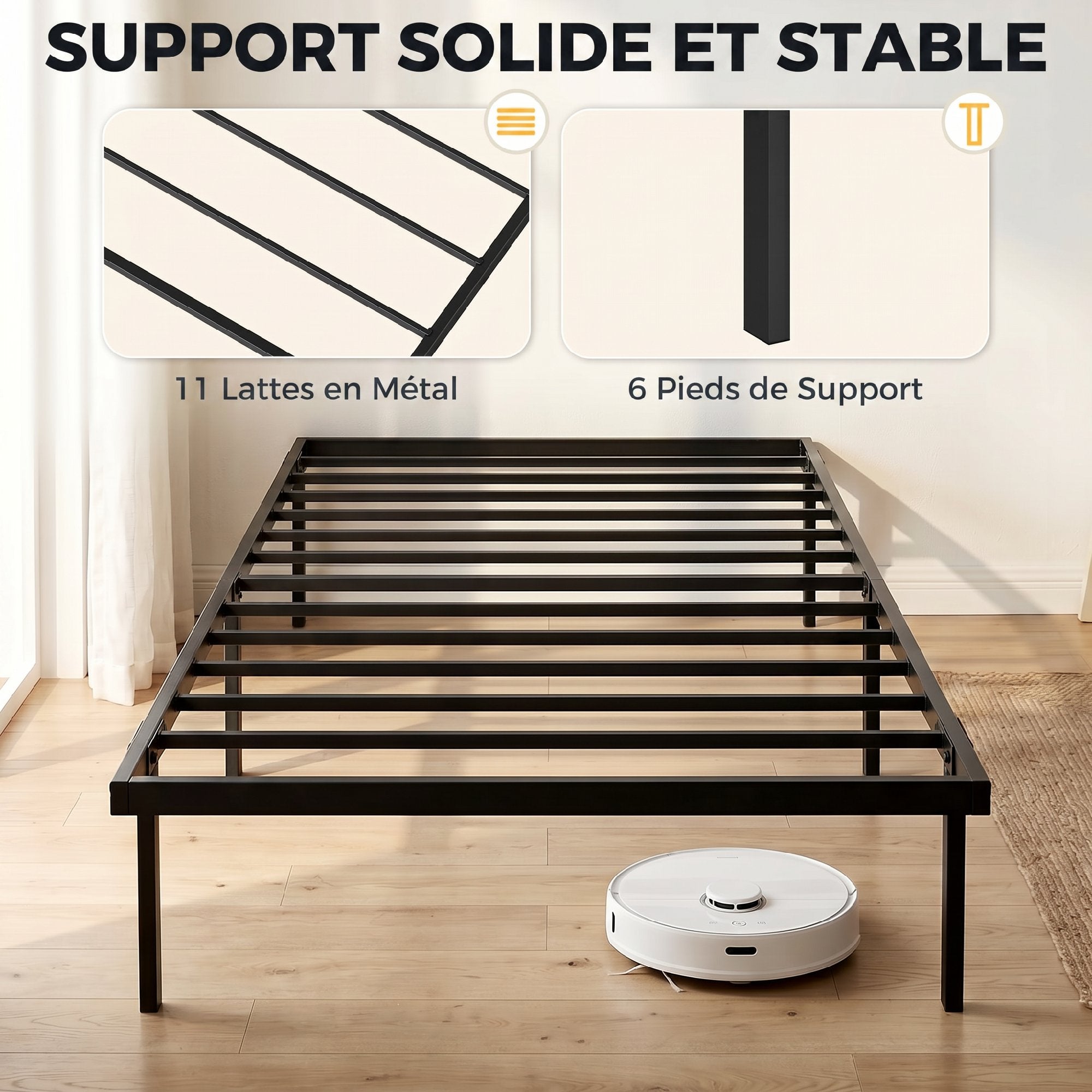 Cadre de lit 90 x 200 cm avec sommier, lit simple avec support à lattes en métal, rangement au-dessous de 35,5H cm, sans bruit, montage facile, noir
