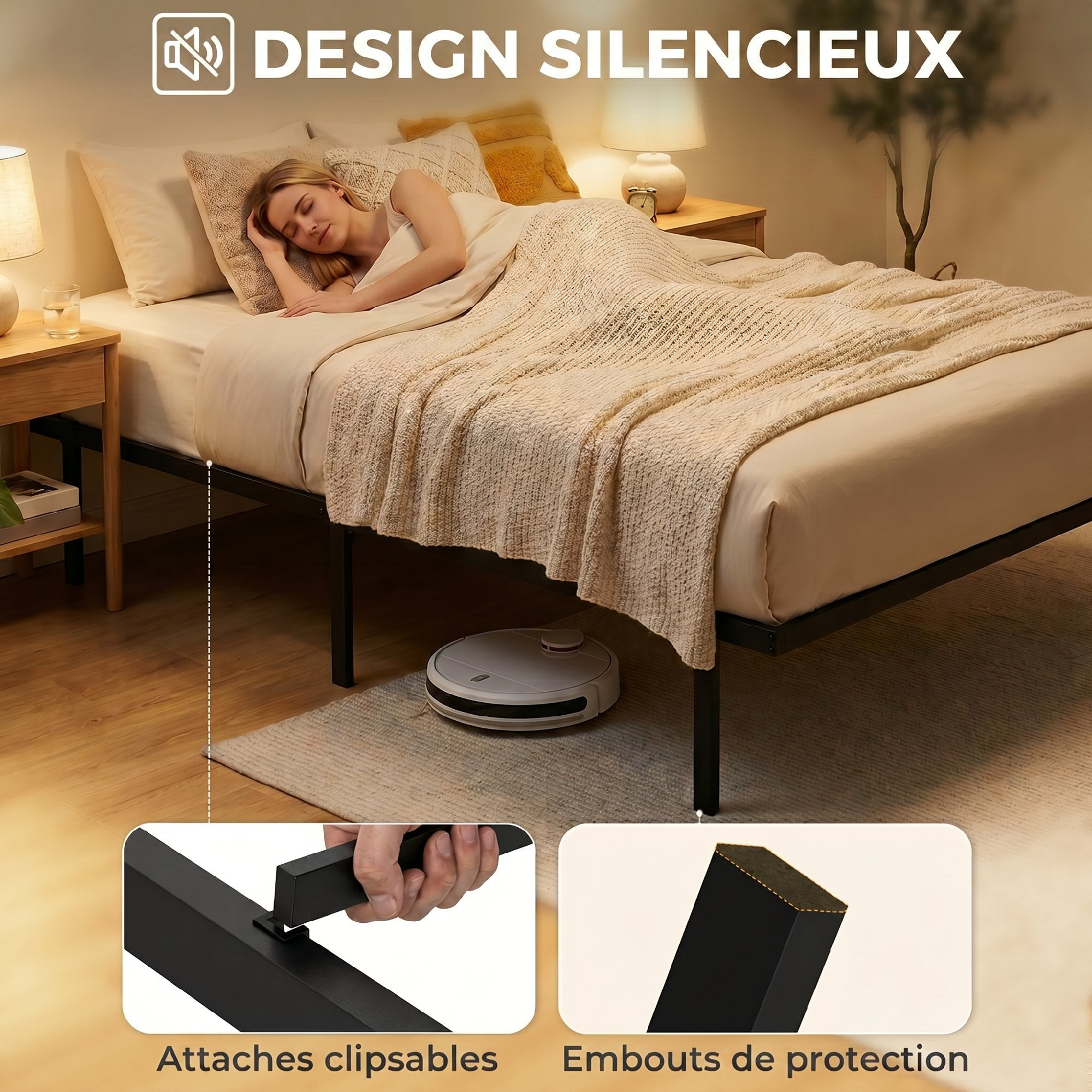 Cadre de lit 90 x 200 cm avec sommier, lit simple avec support à lattes en métal, rangement au-dessous de 35,5H cm, sans bruit, montage facile, noir