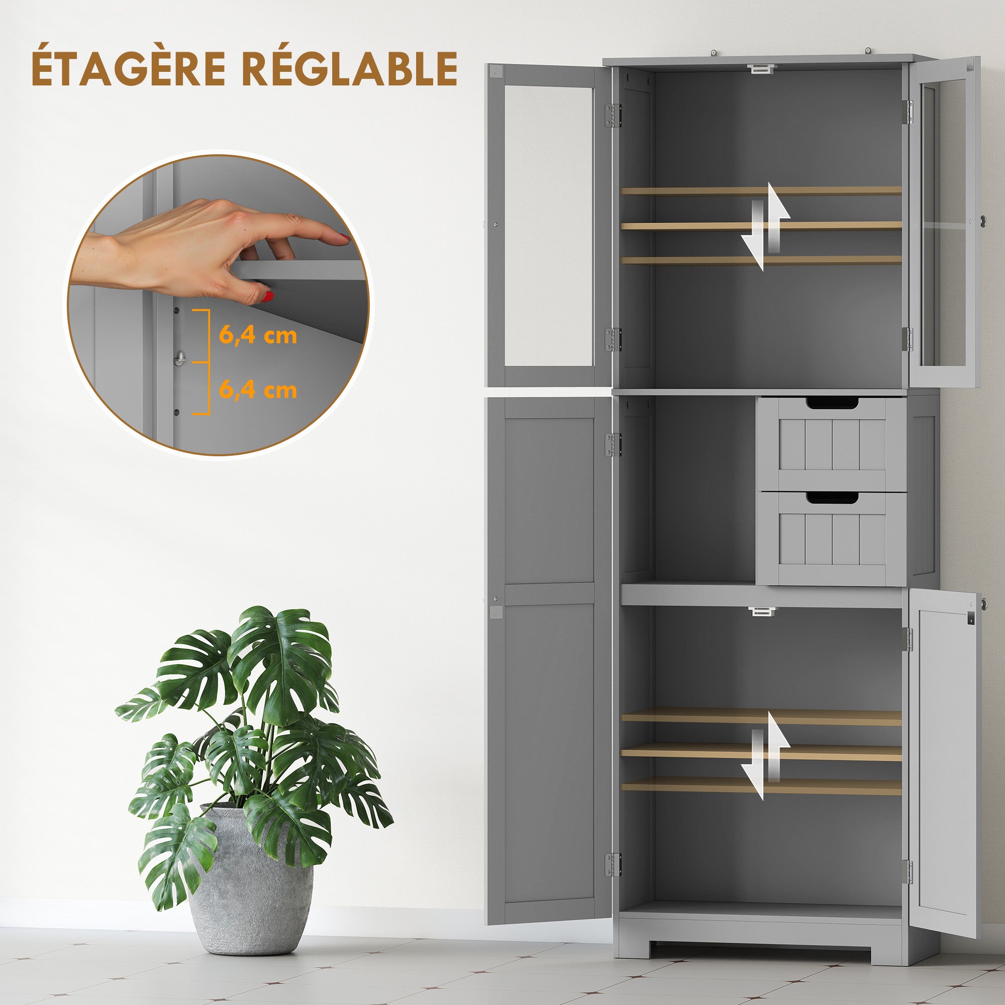 Meuble de salle de bain haut, meuble de rangement, colonne salle de bain avec 4 portes dont 2 vitrées, 2 tiroirs et étagères réglables, style moderne, pour salon, chambre, 60x30x170cm, blanc