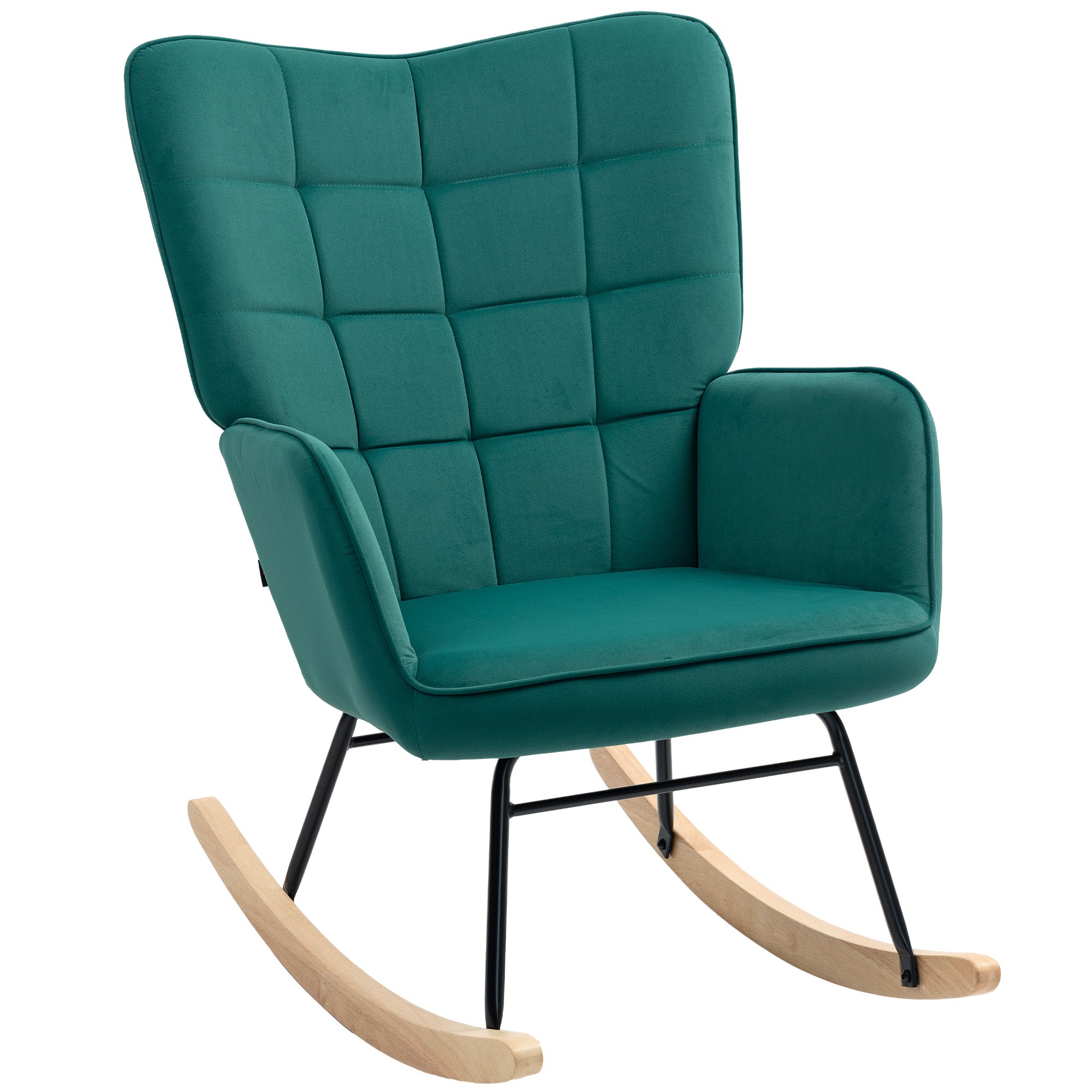 Fauteuil à bascule, rocking chair, revêtement en velours, fauteuil allaitement, chaise à bascule, structure en acier, pieds en bois massif, vert foncé