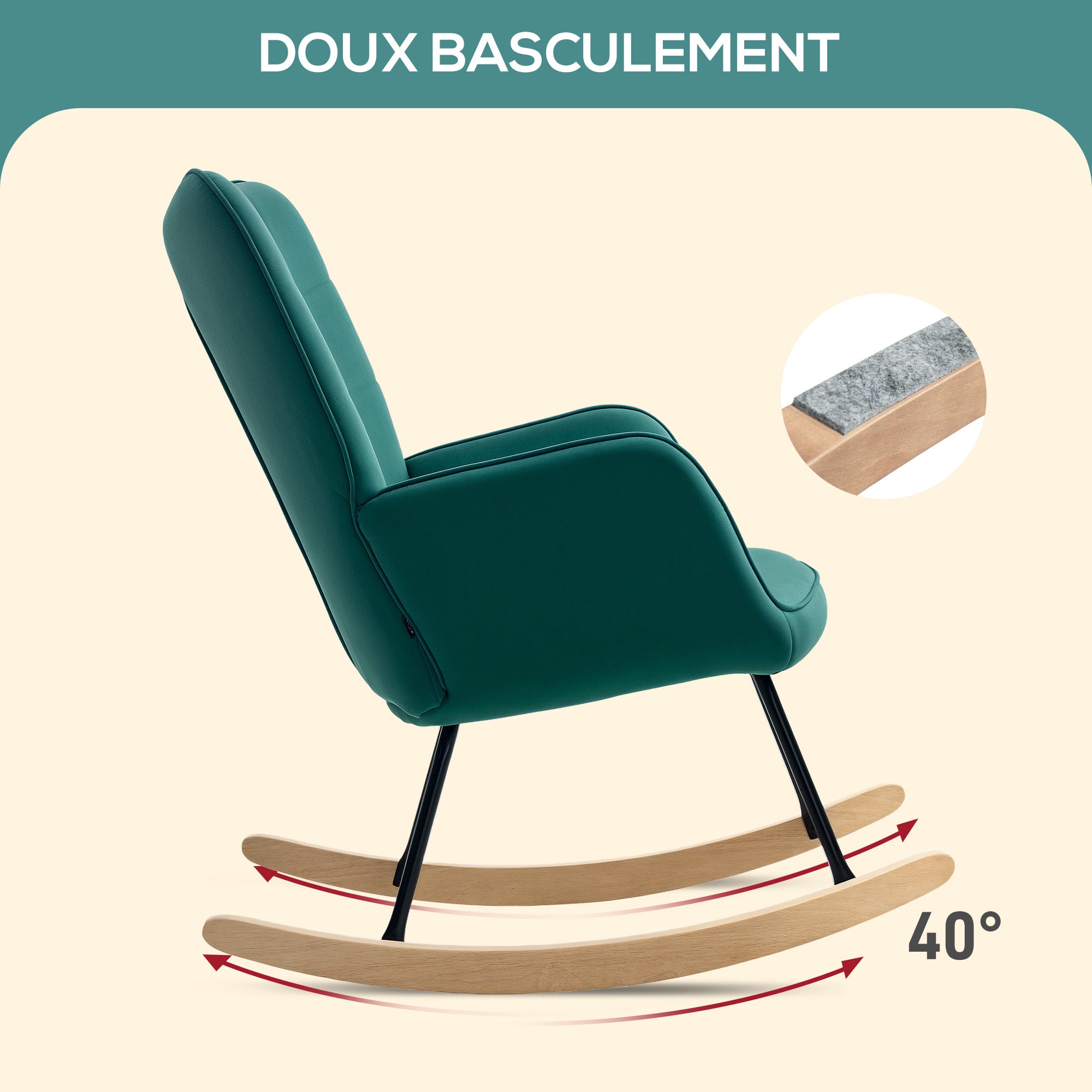 Fauteuil à bascule, rocking chair, revêtement en velours, fauteuil allaitement, chaise à bascule, structure en acier, pieds en bois massif, vert foncé