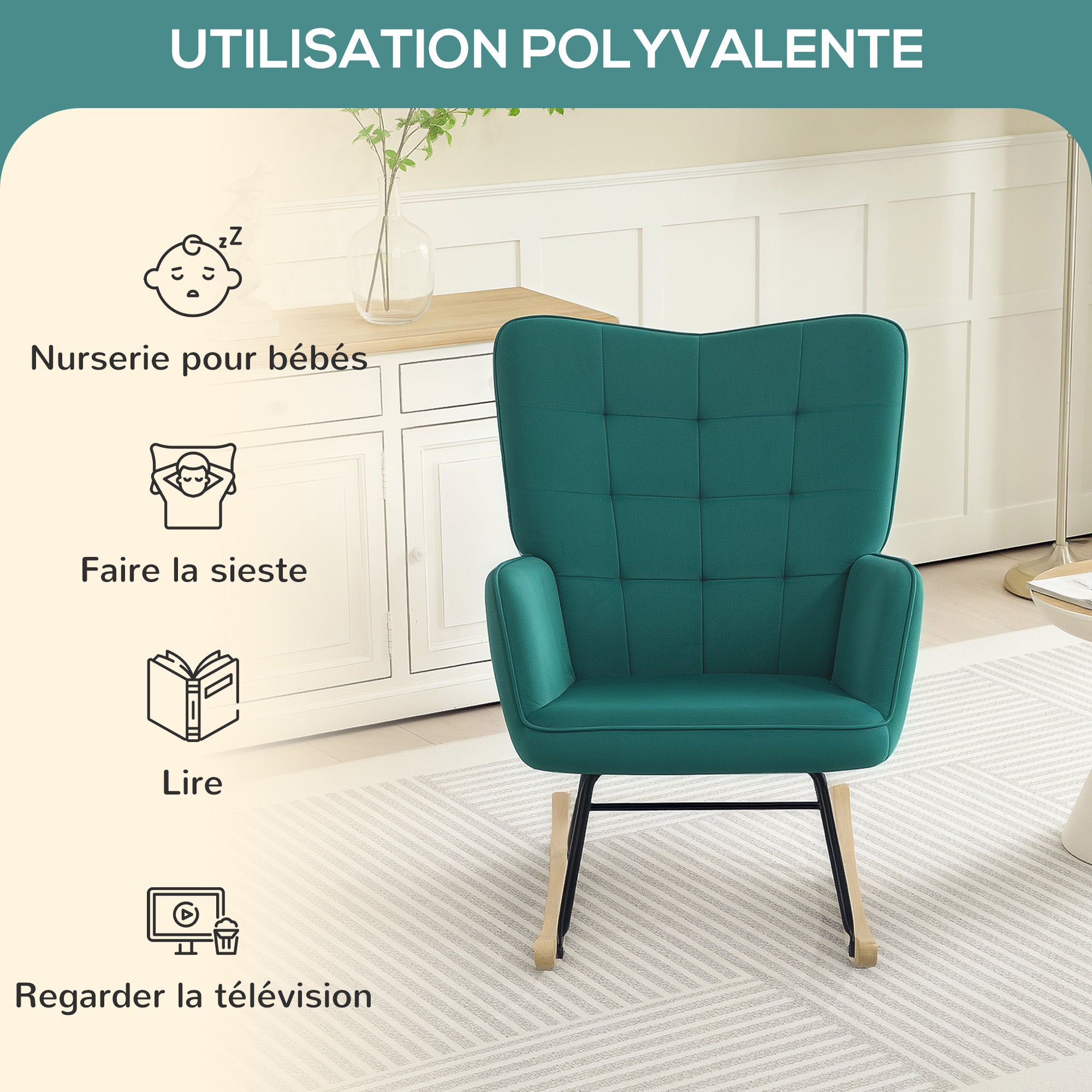 Fauteuil à bascule, rocking chair, revêtement en velours, fauteuil allaitement, chaise à bascule, structure en acier, pieds en bois massif, vert foncé