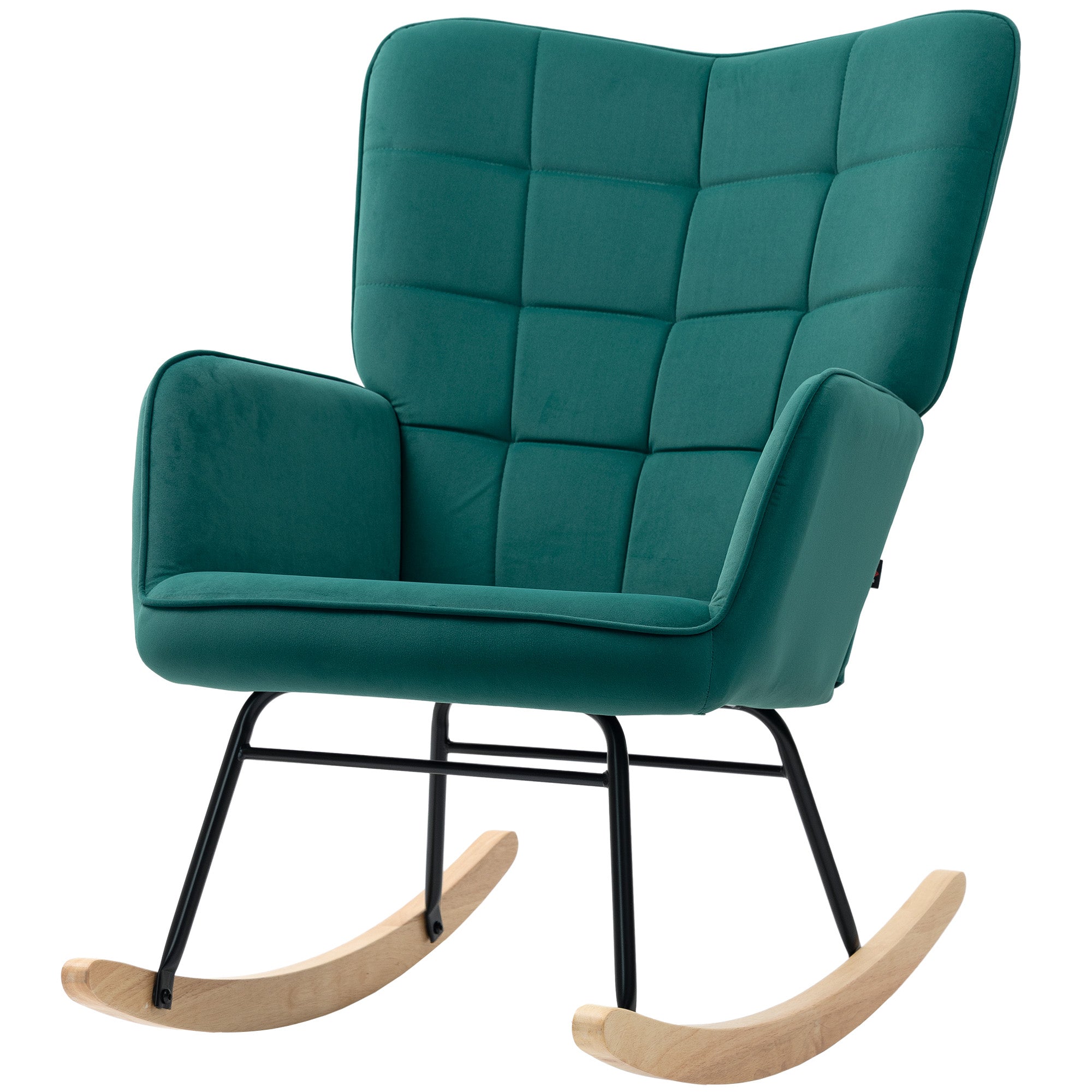 Fauteuil à bascule, rocking chair, revêtement en velours, fauteuil allaitement, chaise à bascule, structure en acier, pieds en bois massif, vert foncé