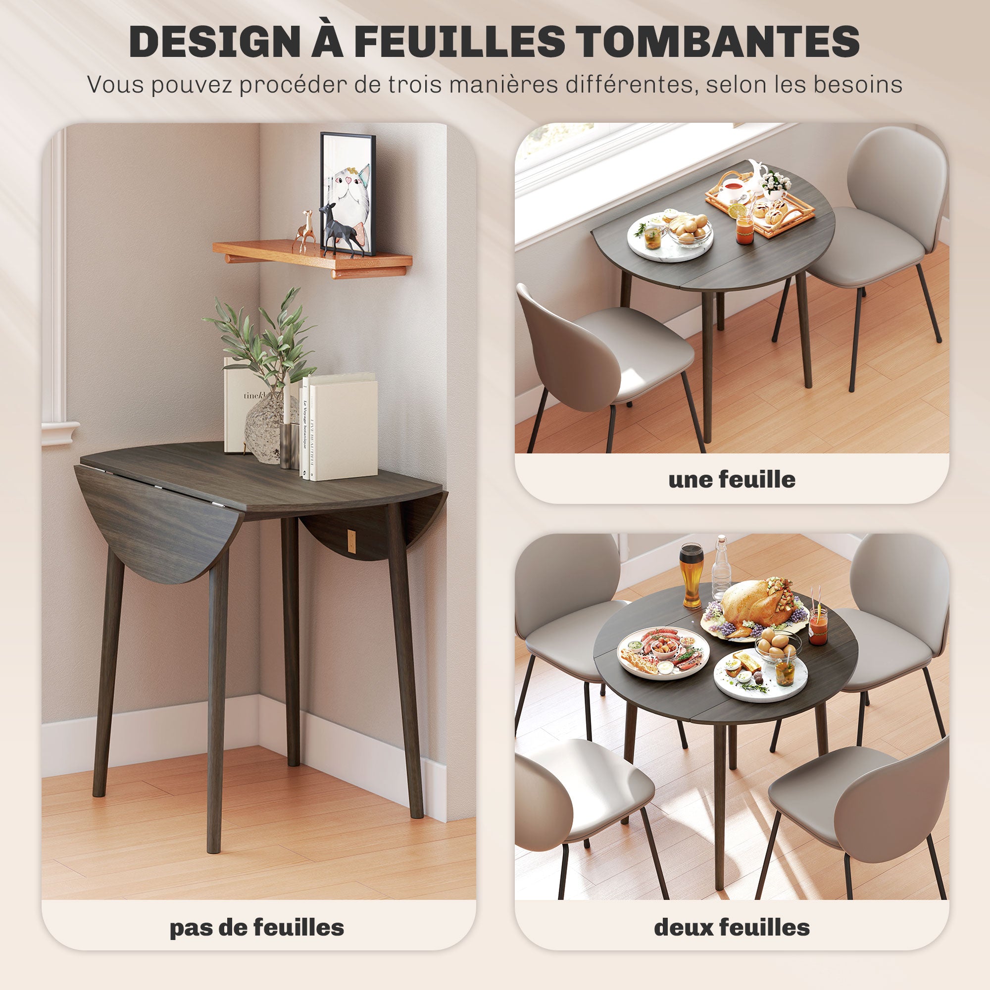 Table à manger pliante, table de cuisine ronde Ø 89 cm pour 4 personnes avec 2 abattants, pieds en bois de pin, design nordique, pour petits espaces, gris