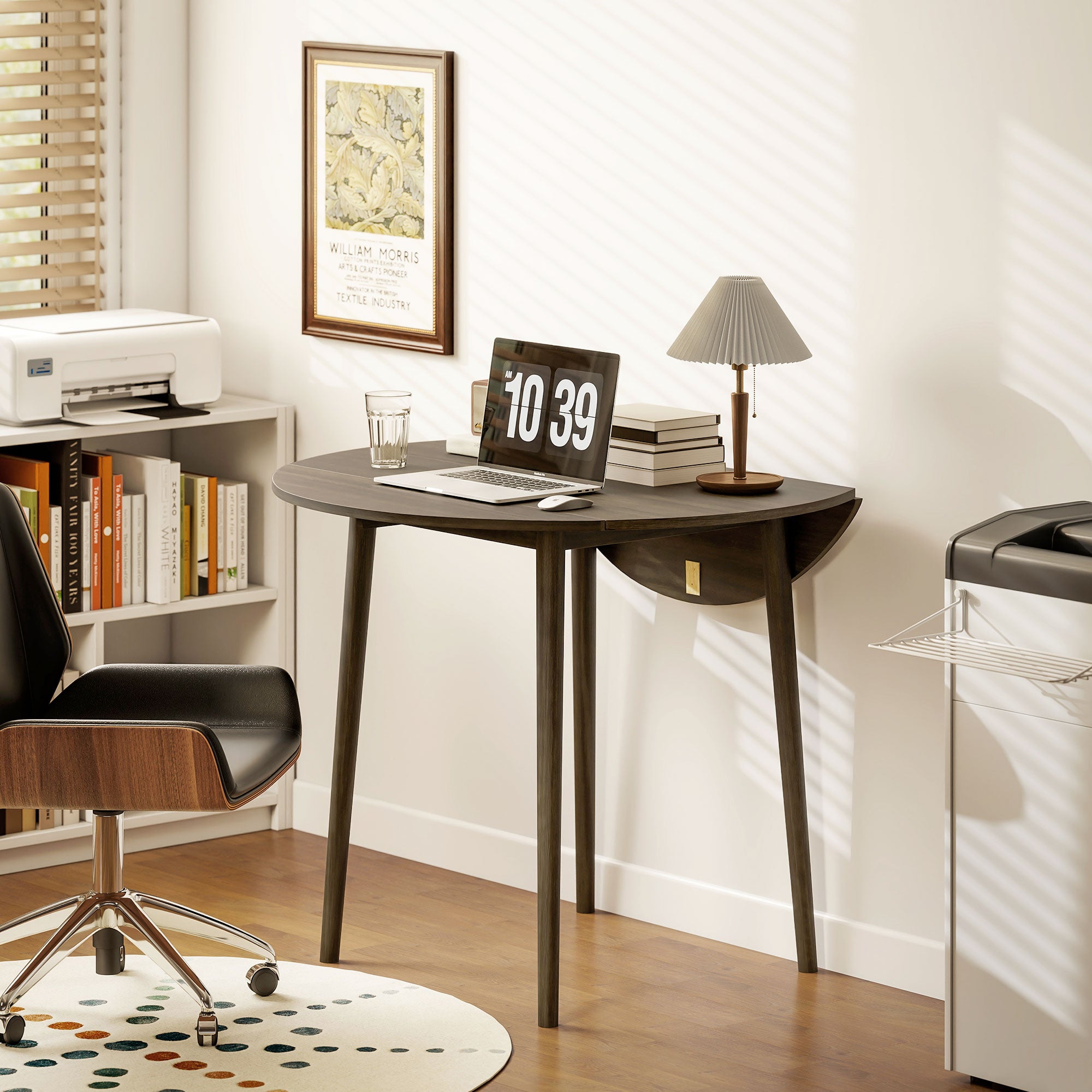 Table à manger pliante, table de cuisine ronde Ø 89 cm pour 4 personnes avec 2 abattants, pieds en bois de pin, design nordique, pour petits espaces, gris